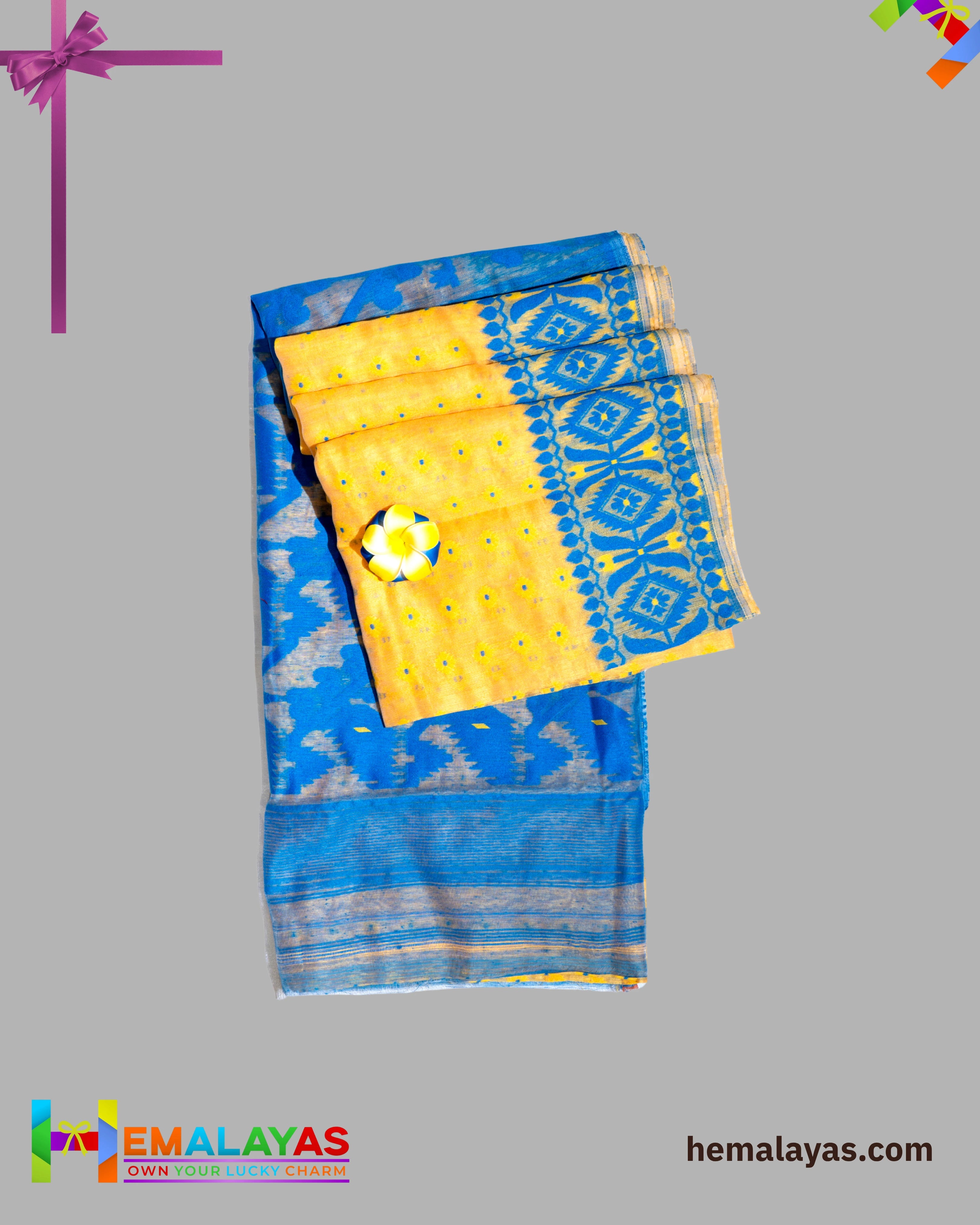 Bright Yellow Dhakai Jamdani Saree with Royal Blue Minakari Border