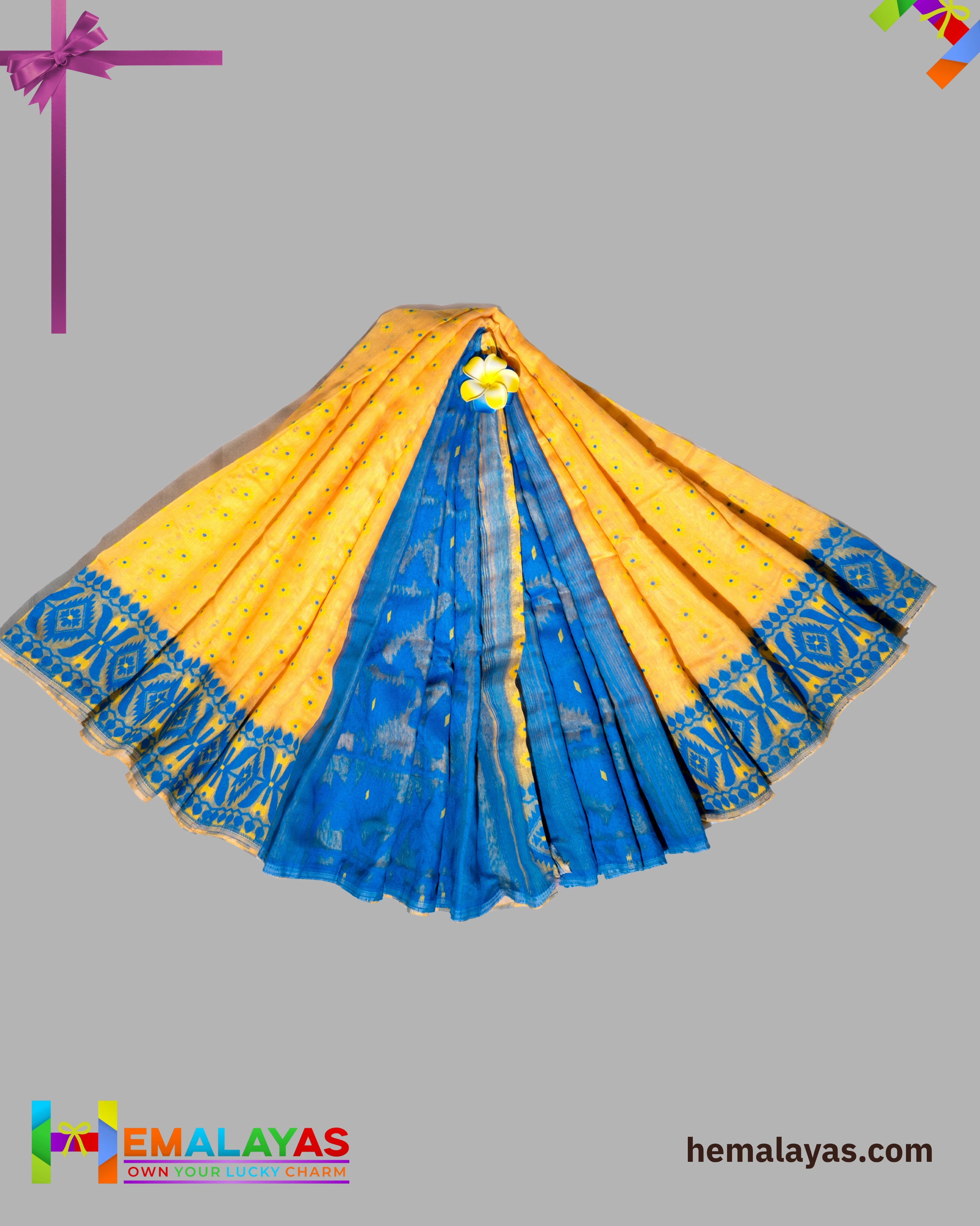 Bright Yellow Dhakai Jamdani Saree with Royal Blue Minakari Border