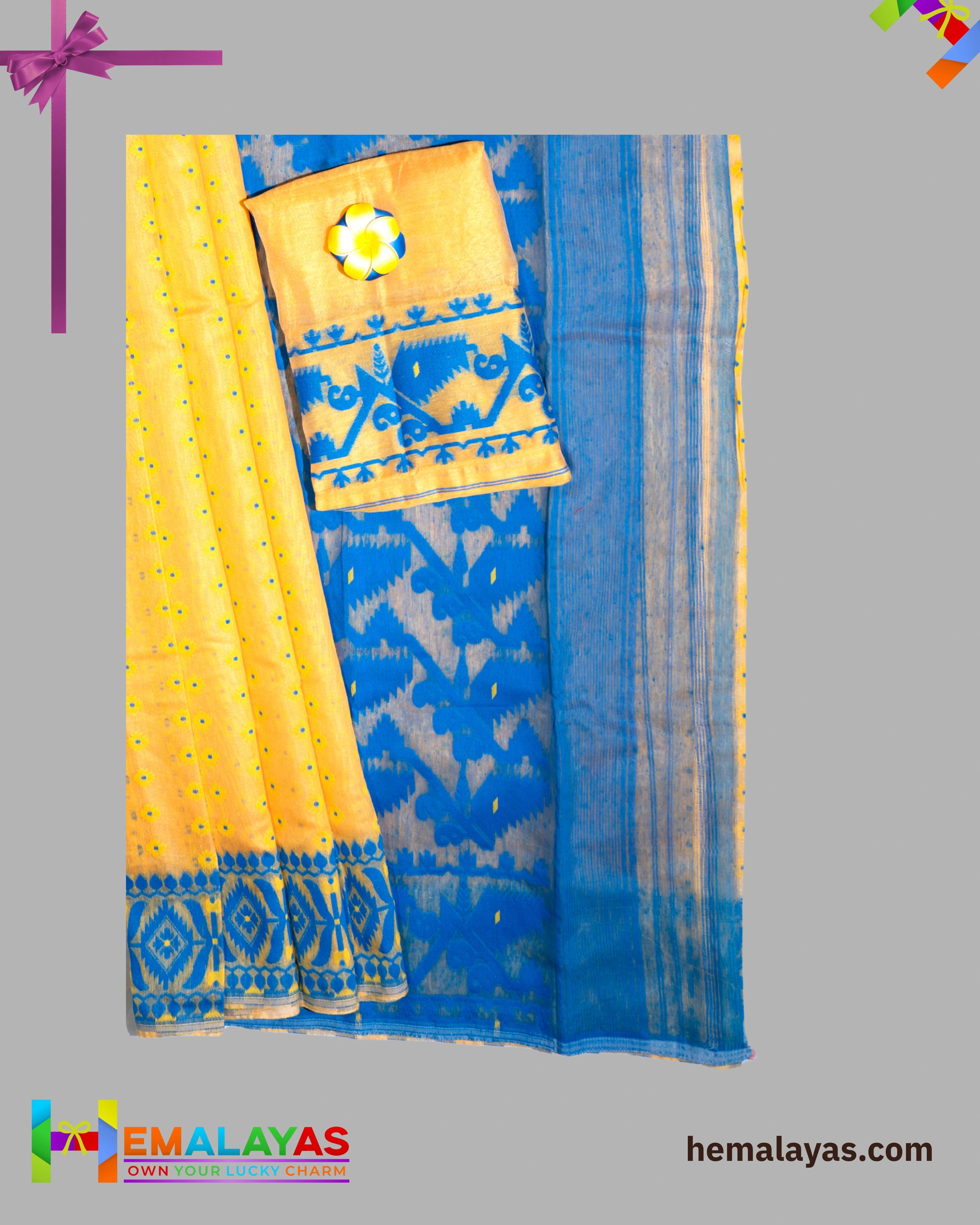 Bright Yellow Dhakai Jamdani Saree with Royal Blue Minakari Border