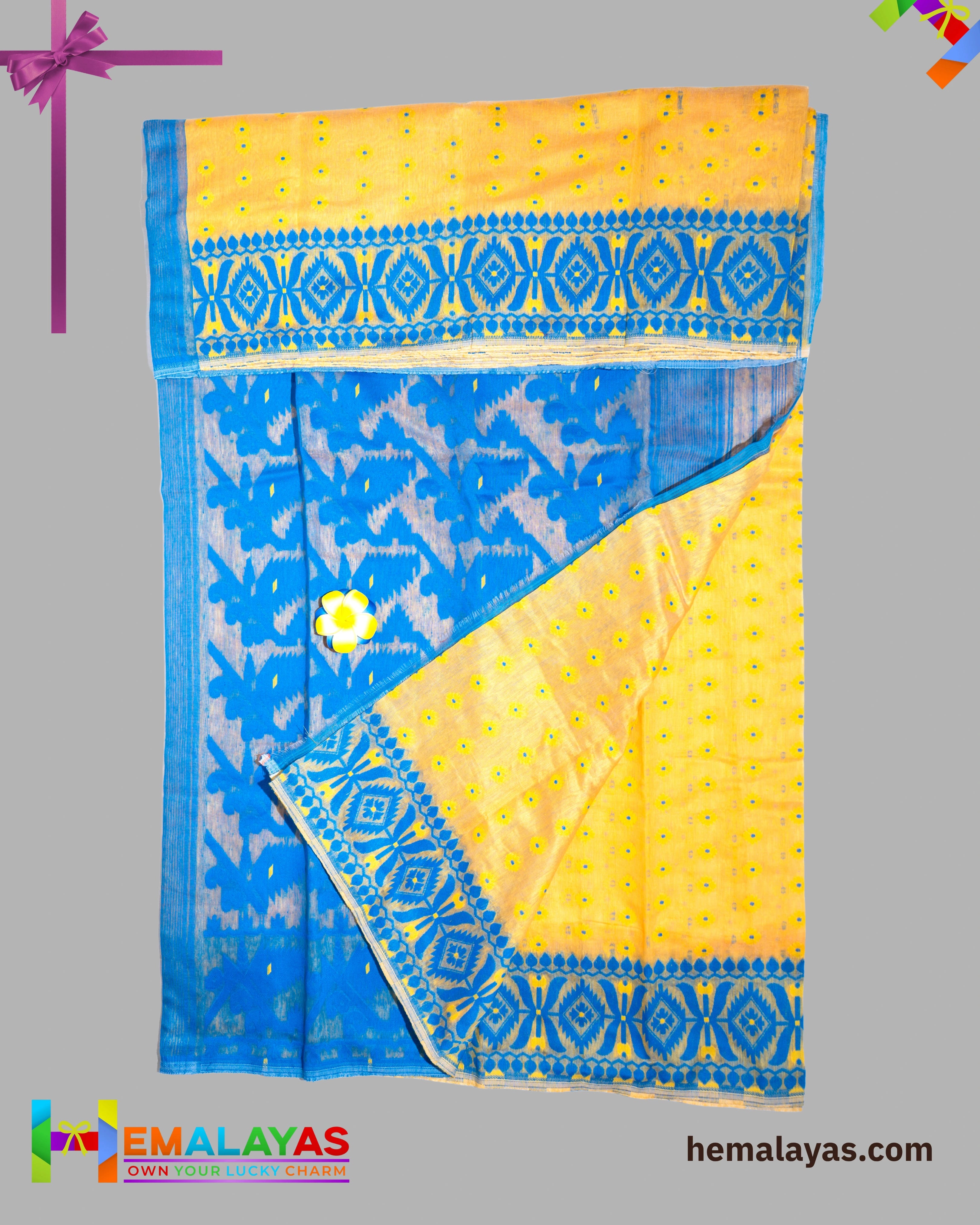 Bright Yellow Dhakai Jamdani Saree with Royal Blue Minakari Border