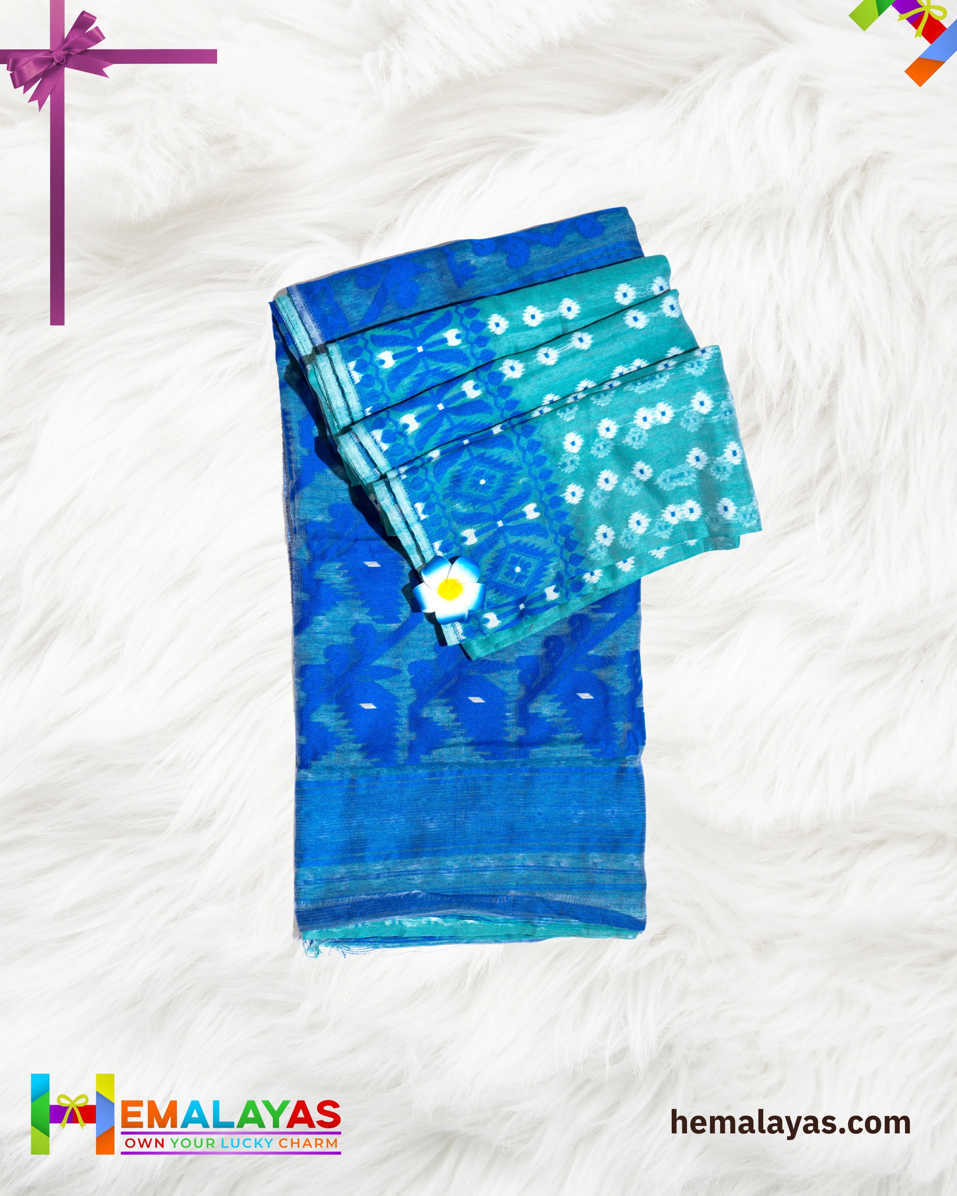 Aqua Green Dhakai Jamdani Saree with Indigo Minakari Border