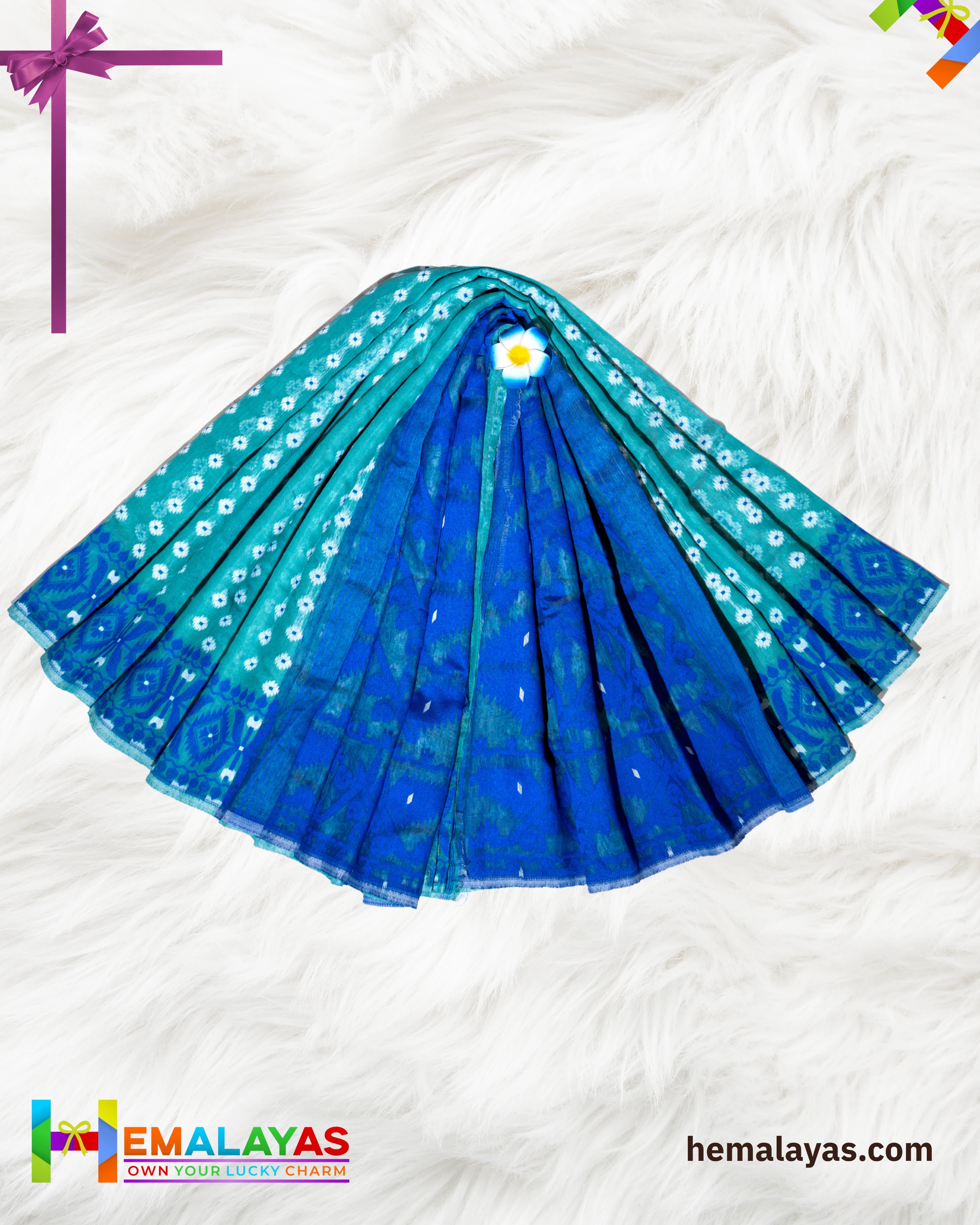 Aqua Green Dhakai Jamdani Saree with Indigo Minakari Border