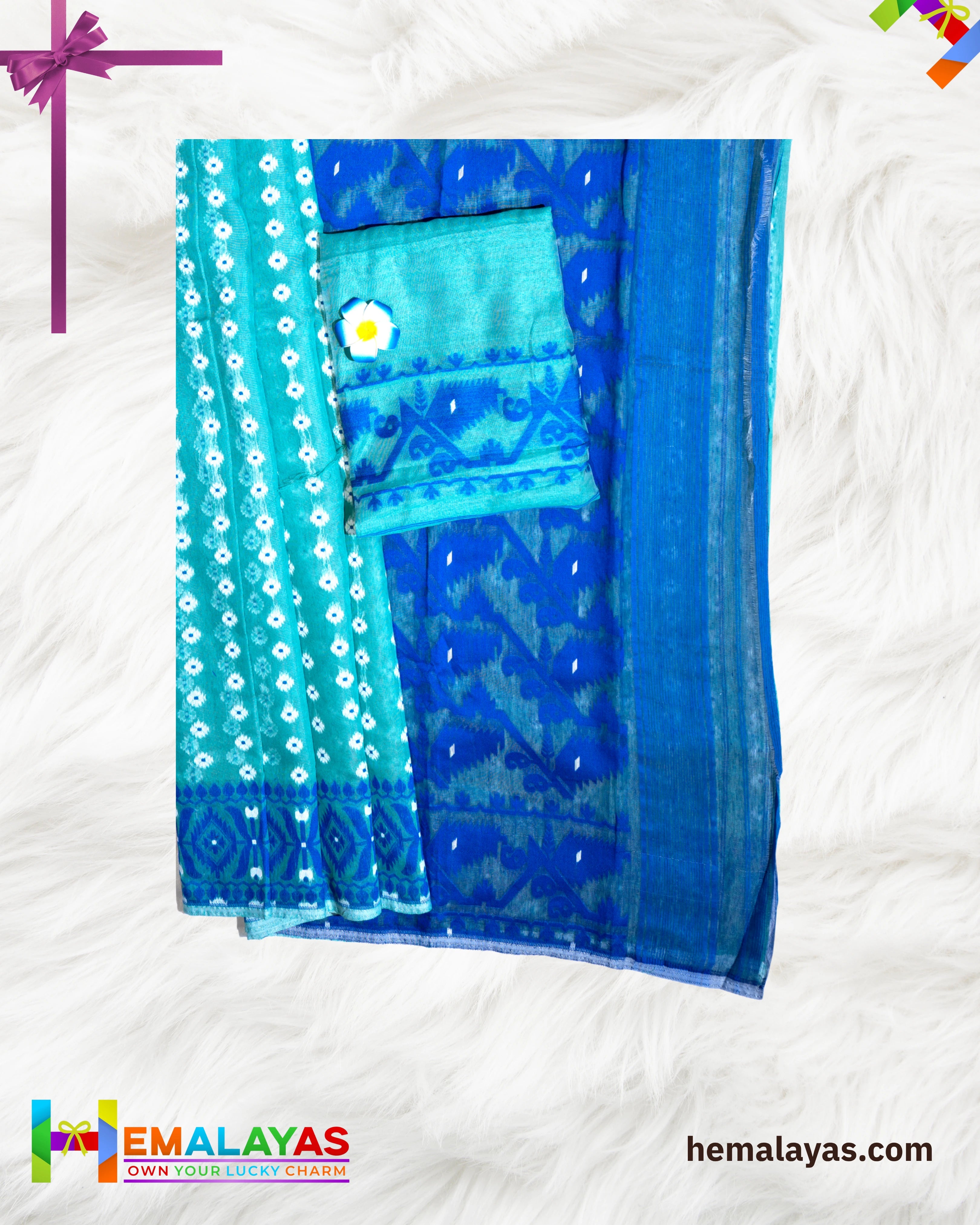 Aqua Green Dhakai Jamdani Saree with Indigo Minakari Border