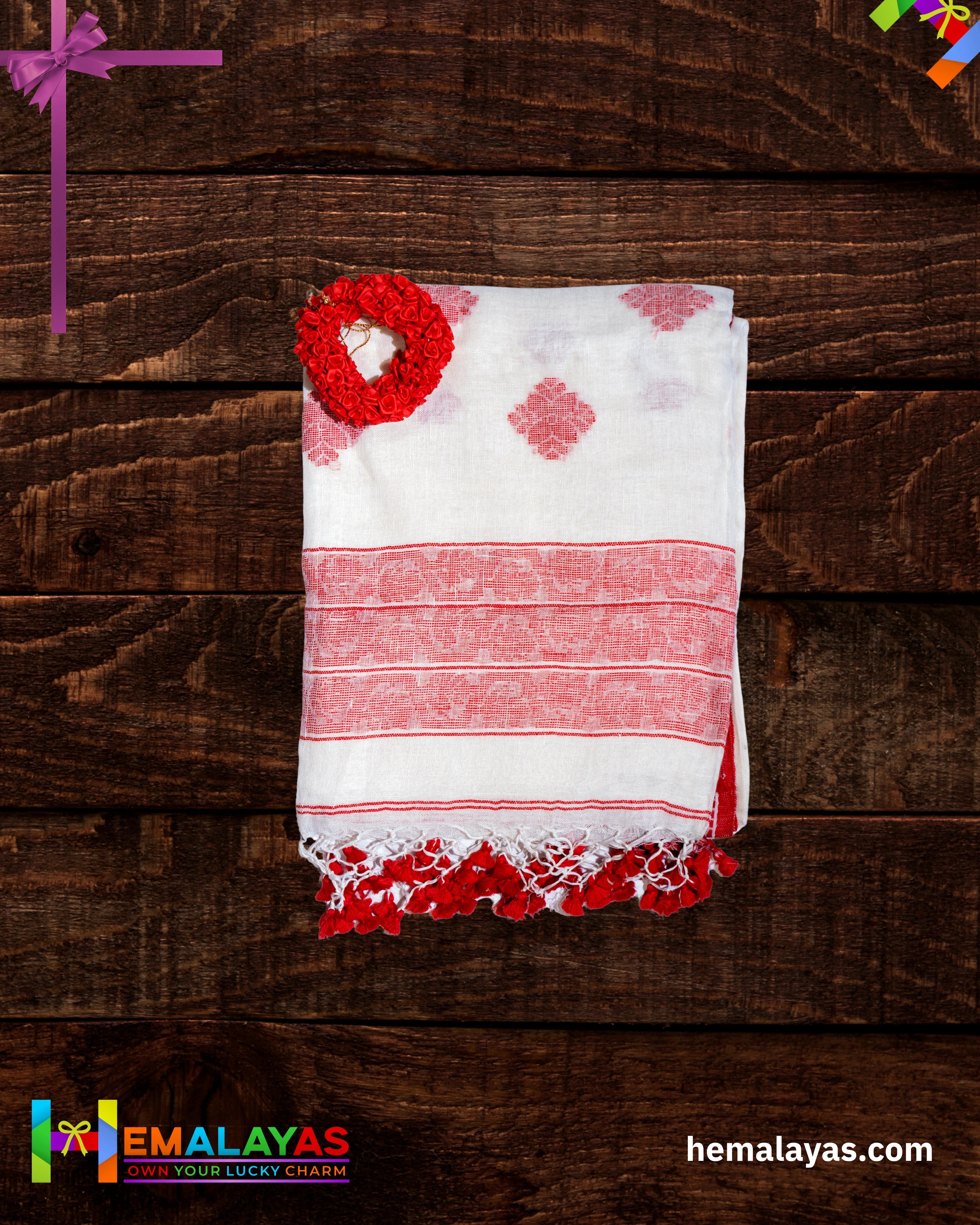 White Pure Linen Tant Banarasi Saree with Red Thread Border