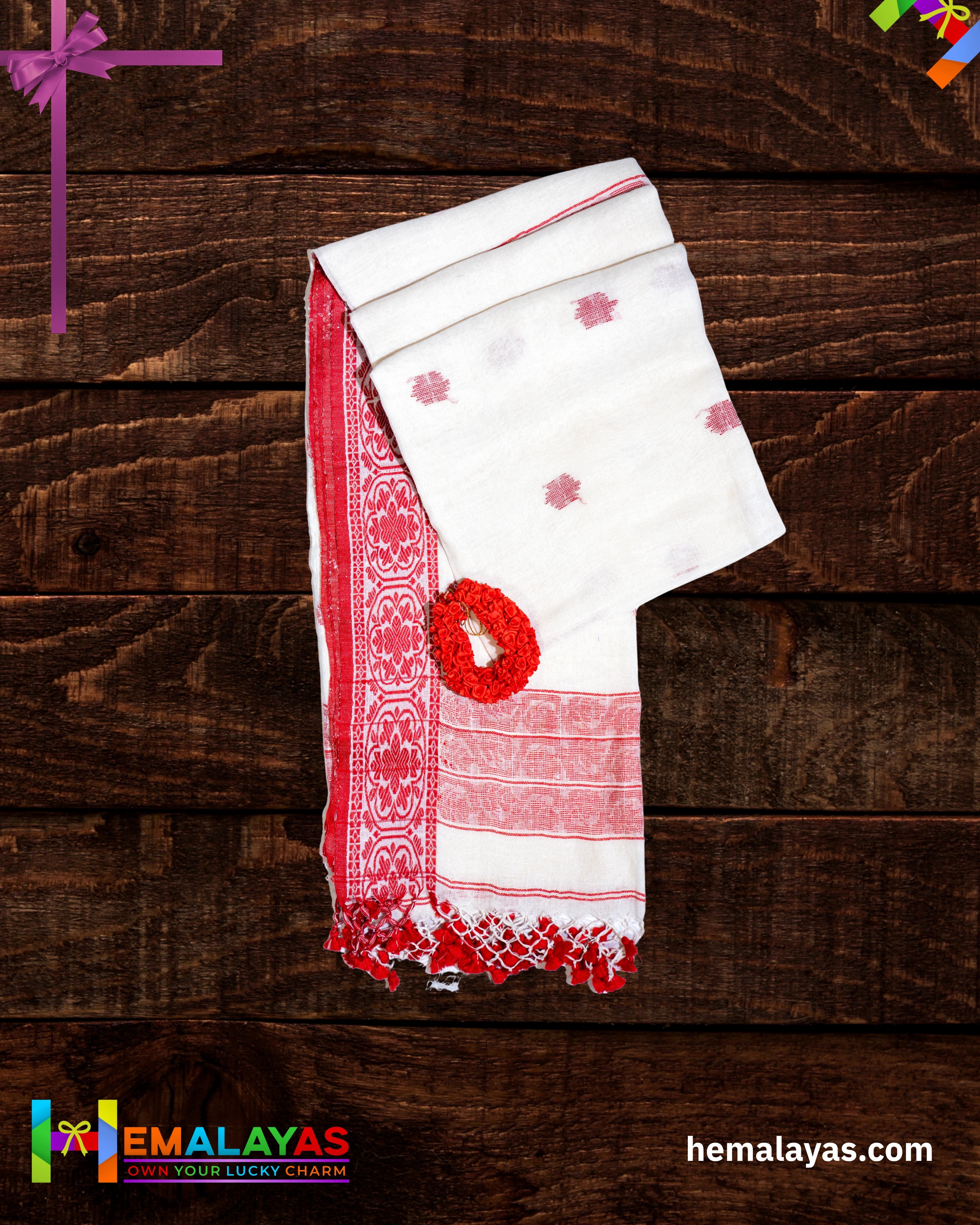 White Pure Linen Tant Banarasi Saree with Red Thread Border
