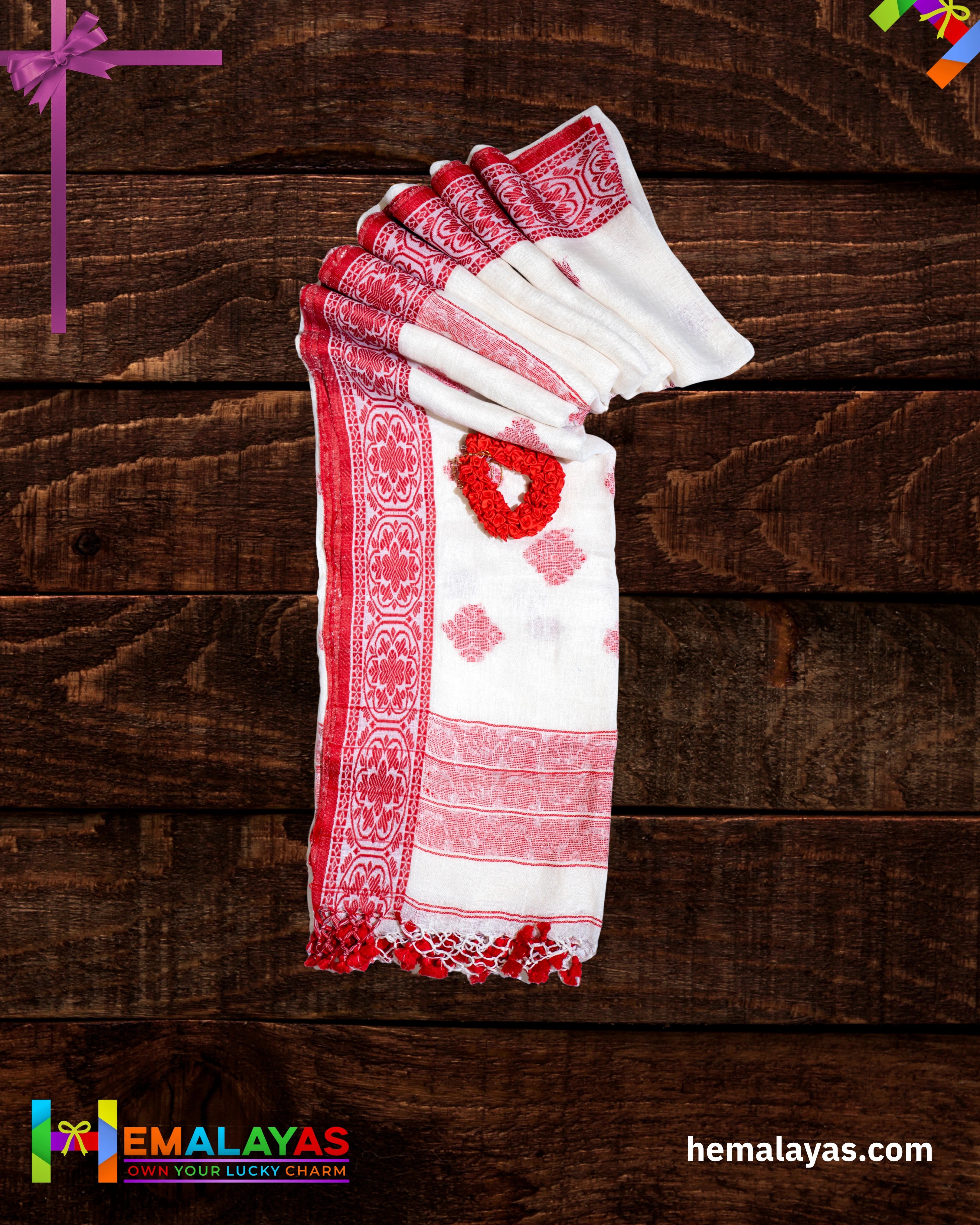 White Pure Linen Tant Banarasi Saree with Red Thread Border