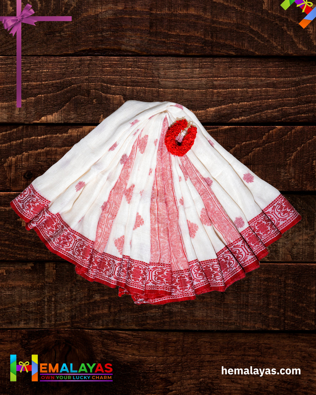 White Pure Linen Tant Banarasi Saree with Red Thread Border