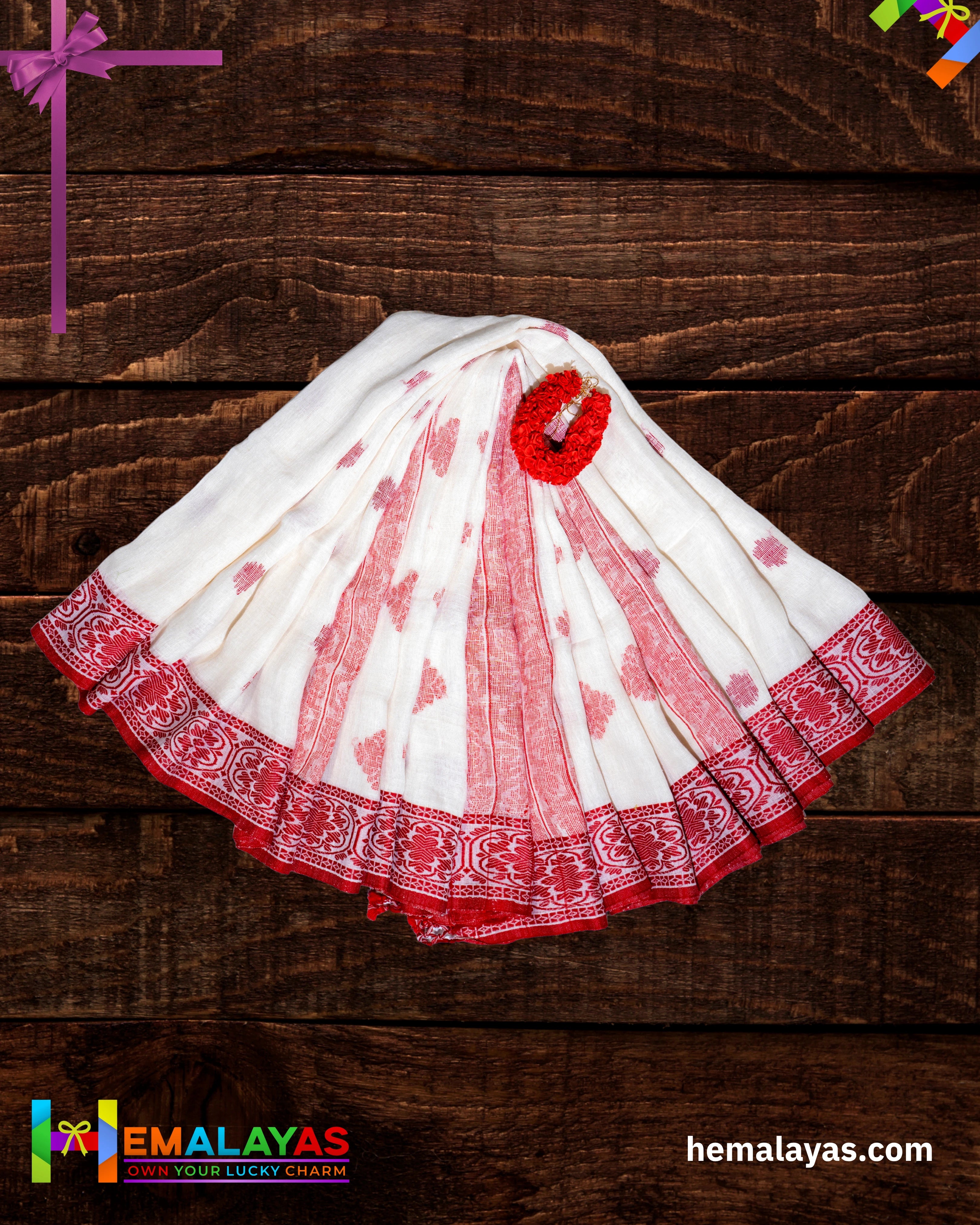 White Pure Linen Tant Banarasi Saree with Red Thread Border