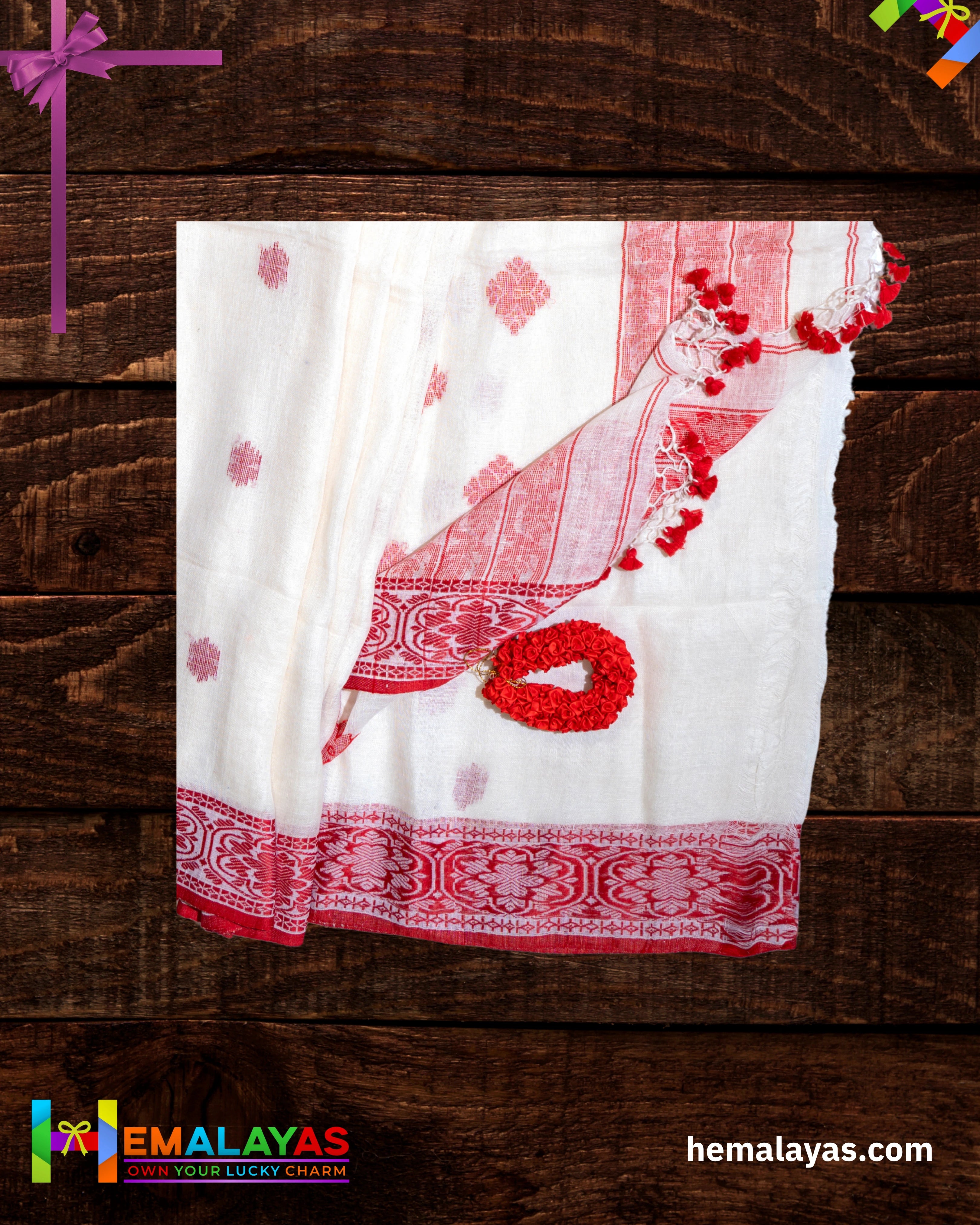White Pure Linen Tant Banarasi Saree with Red Thread Border