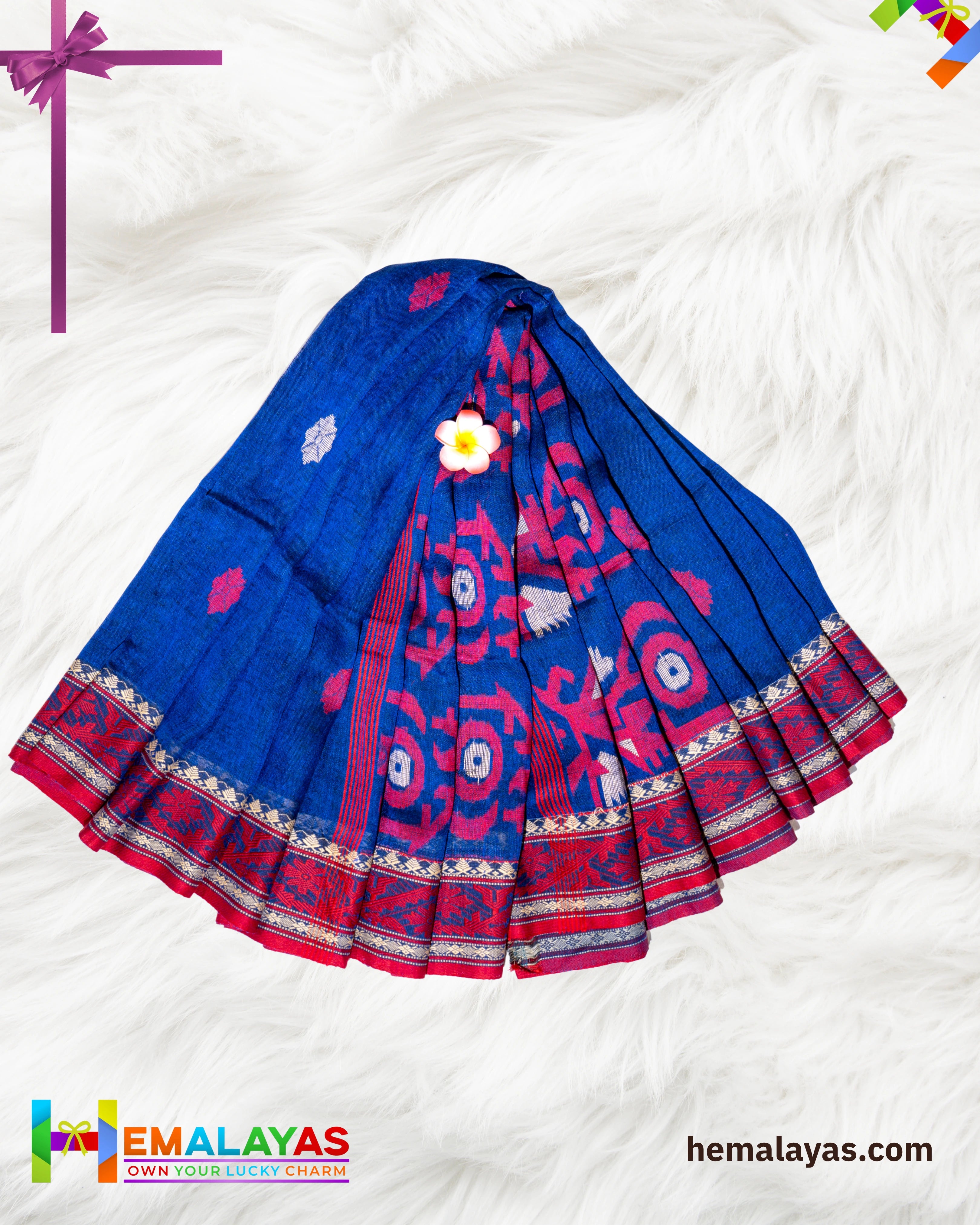 Navy Blue Pure Linen Tant Banarasi Saree with Red Border