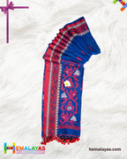 Navy Blue Pure Linen Tant Banarasi Saree with Red Border