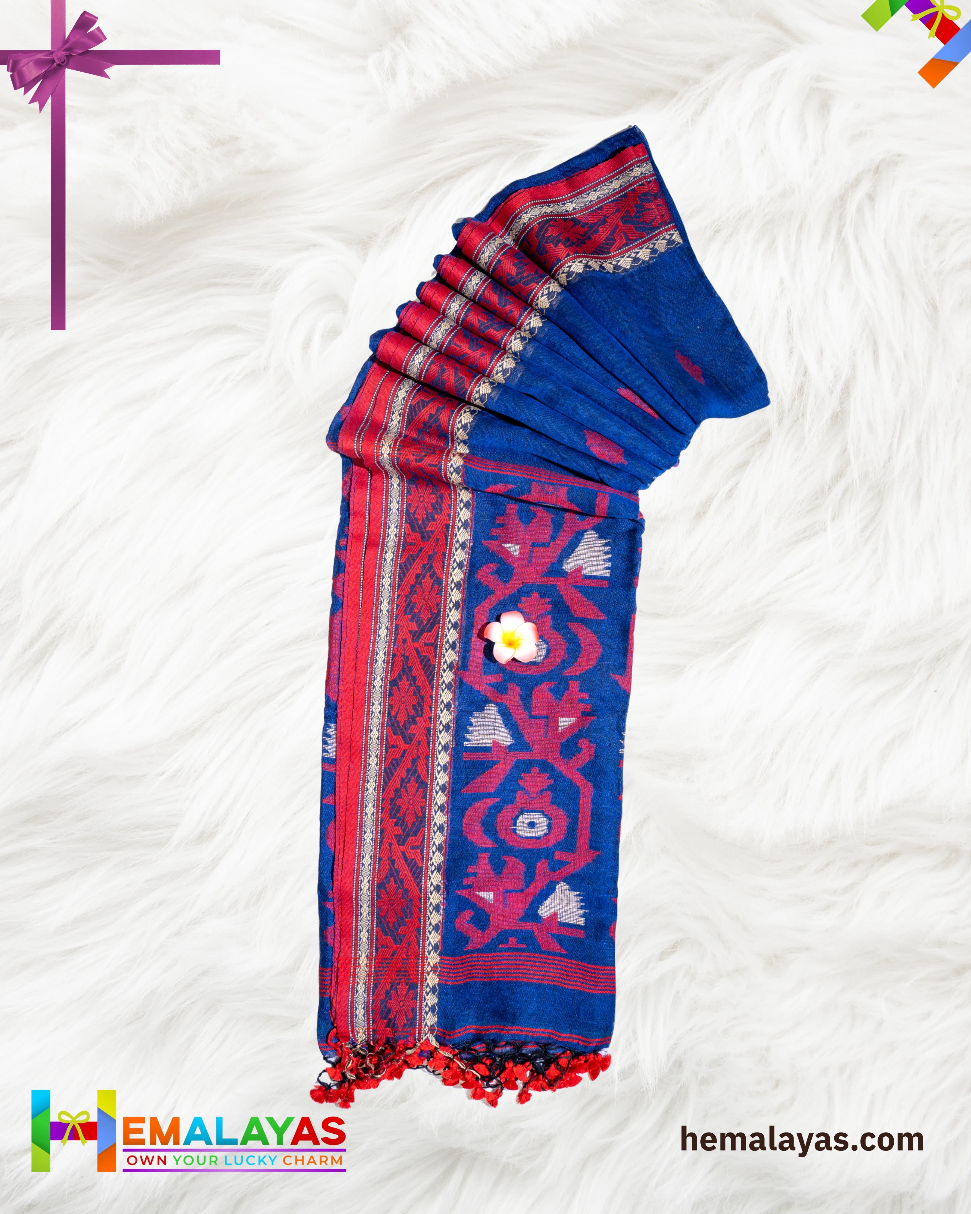 Navy Blue Pure Linen Tant Banarasi Saree with Red Border