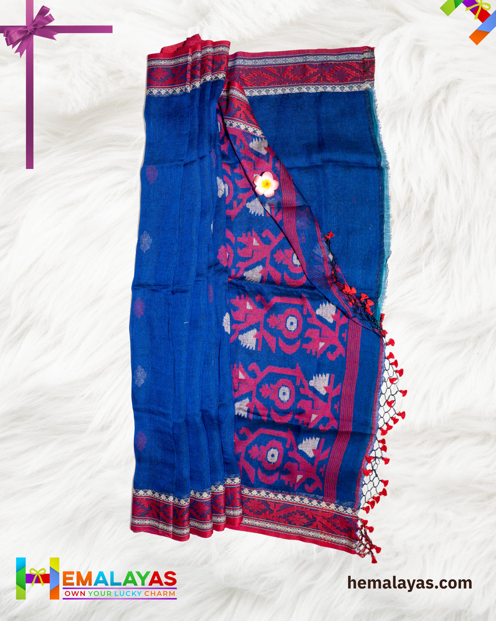 Navy Blue Pure Linen Tant Banarasi Saree with Red Border