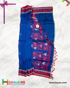Navy Blue Pure Linen Tant Banarasi Saree with Red Border