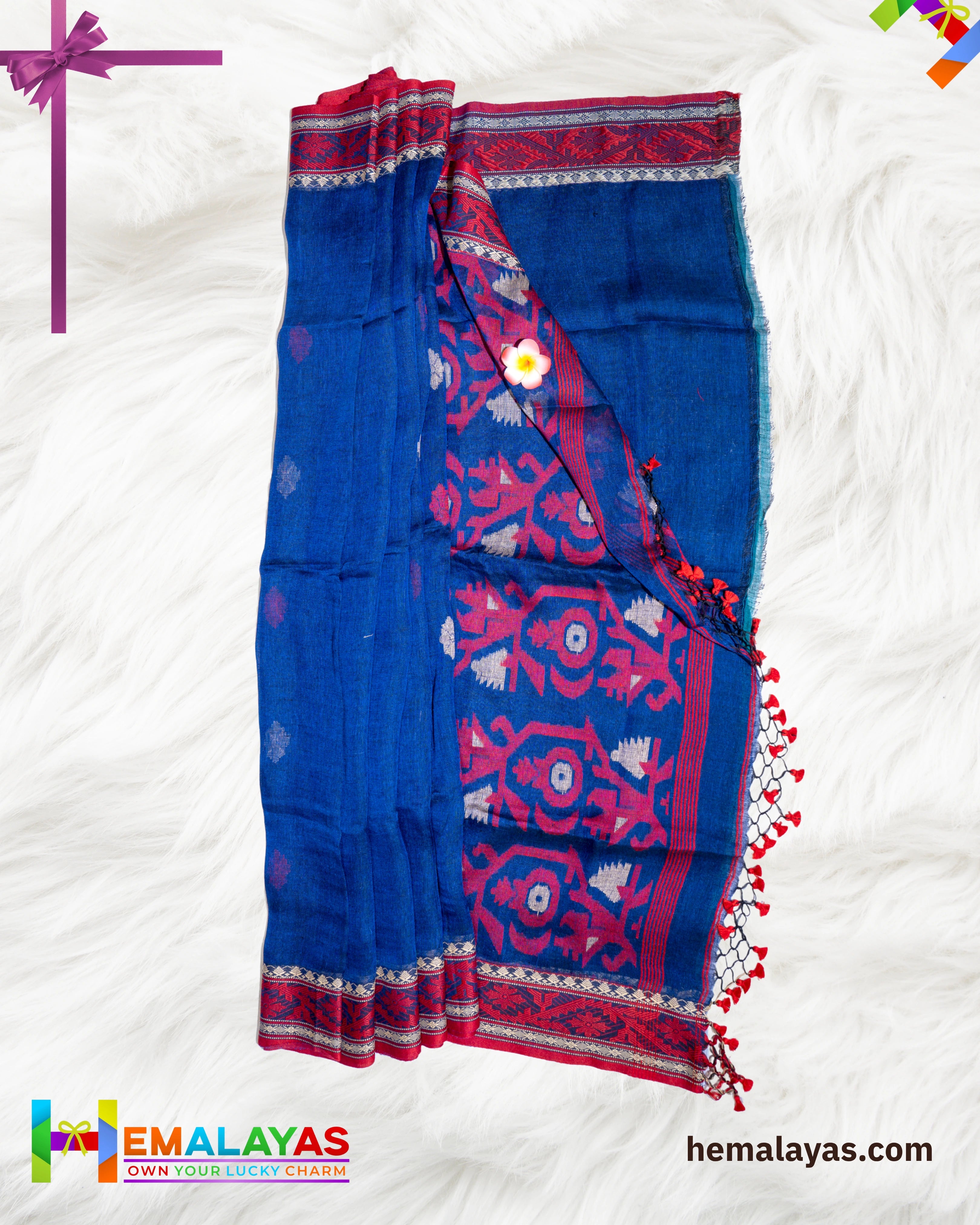 Navy Blue Pure Linen Tant Banarasi Saree with Red Border