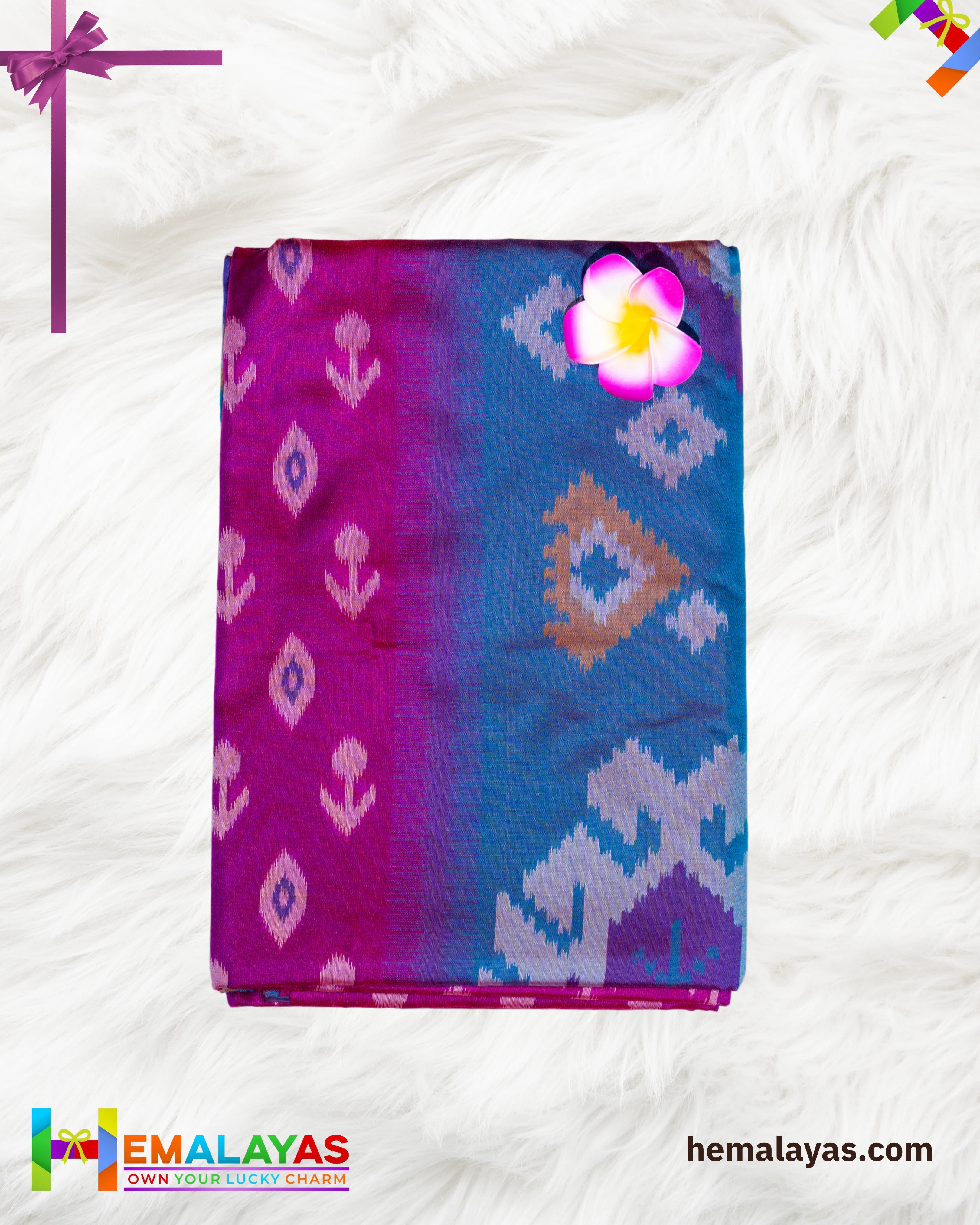 Pink Ikat Pochampally Silk Saree with Anandha Blue Woven Border