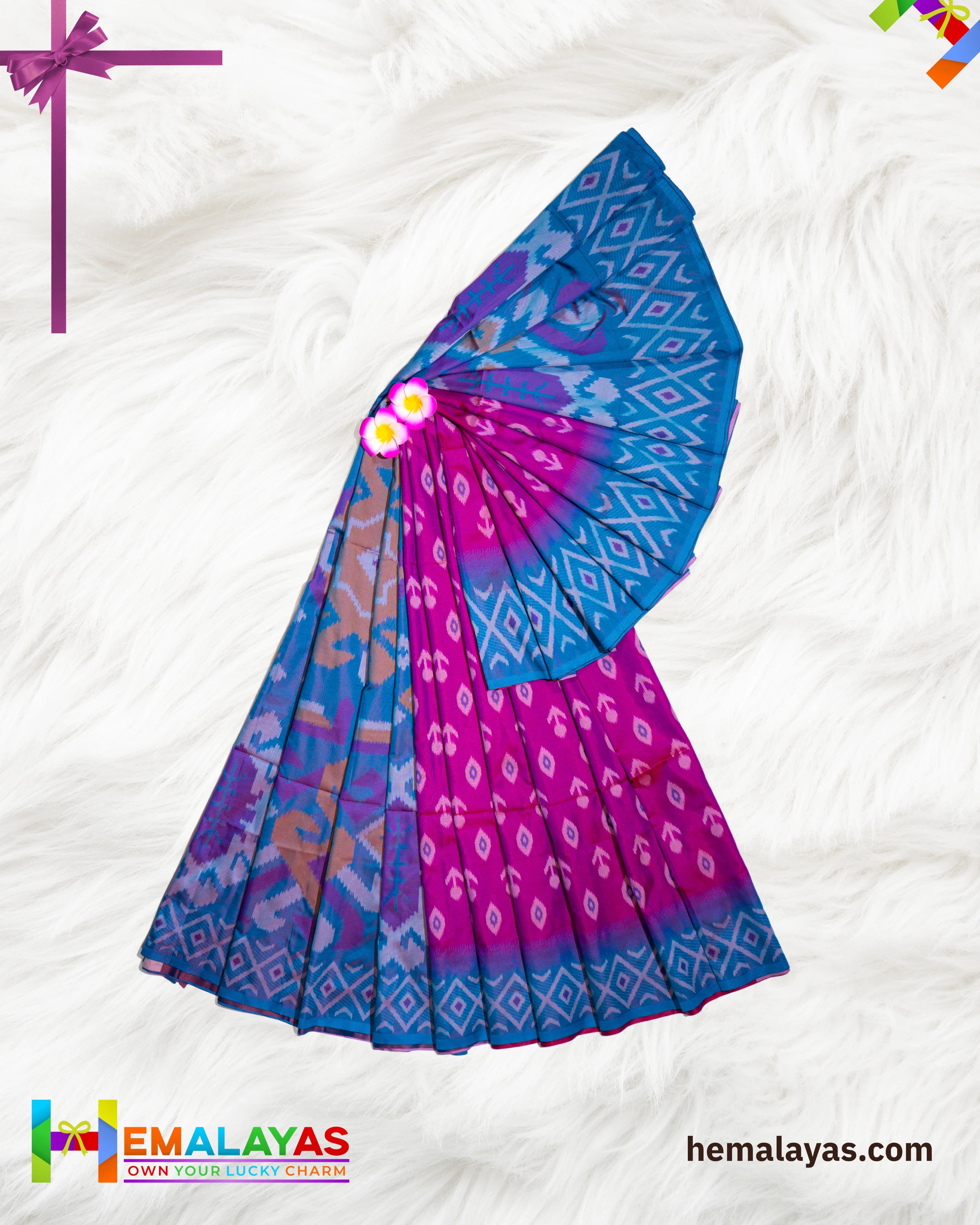 Pink Ikat Pochampally Silk Saree with Anandha Blue Woven Border