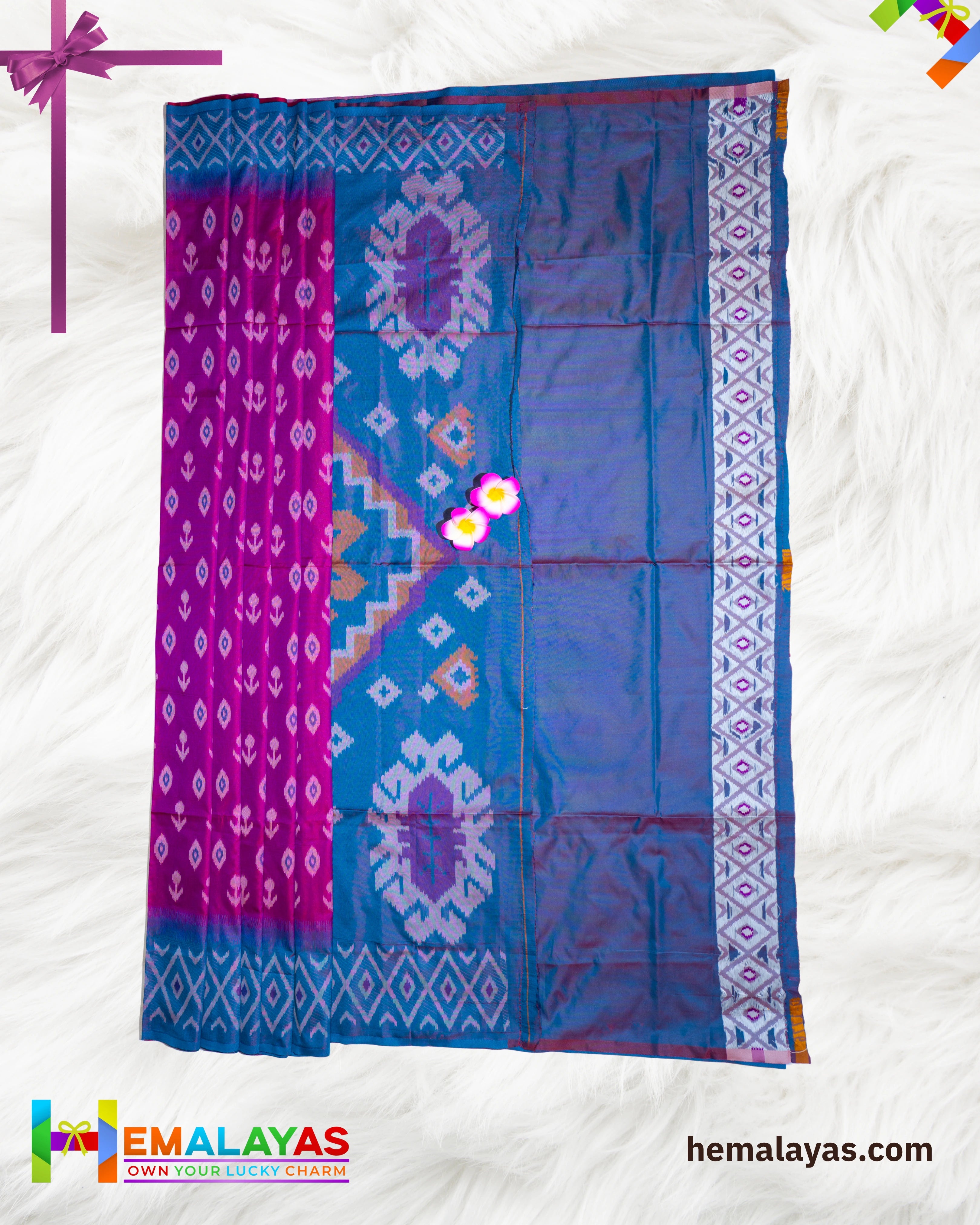 Pink Ikat Pochampally Silk Saree with Anandha Blue Woven Border