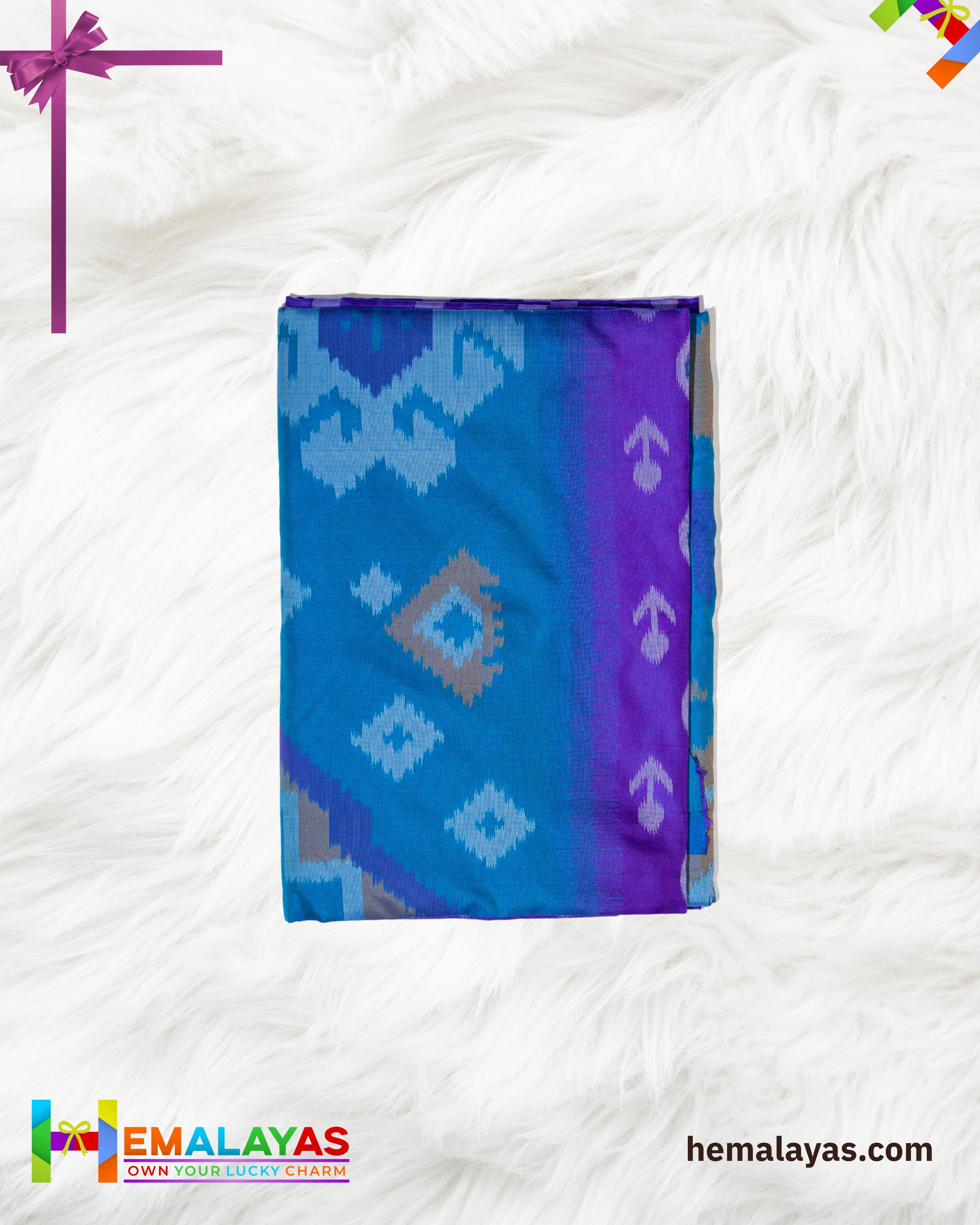 Purple Ikat Pochampally Silk Saree with Teal Woven Border