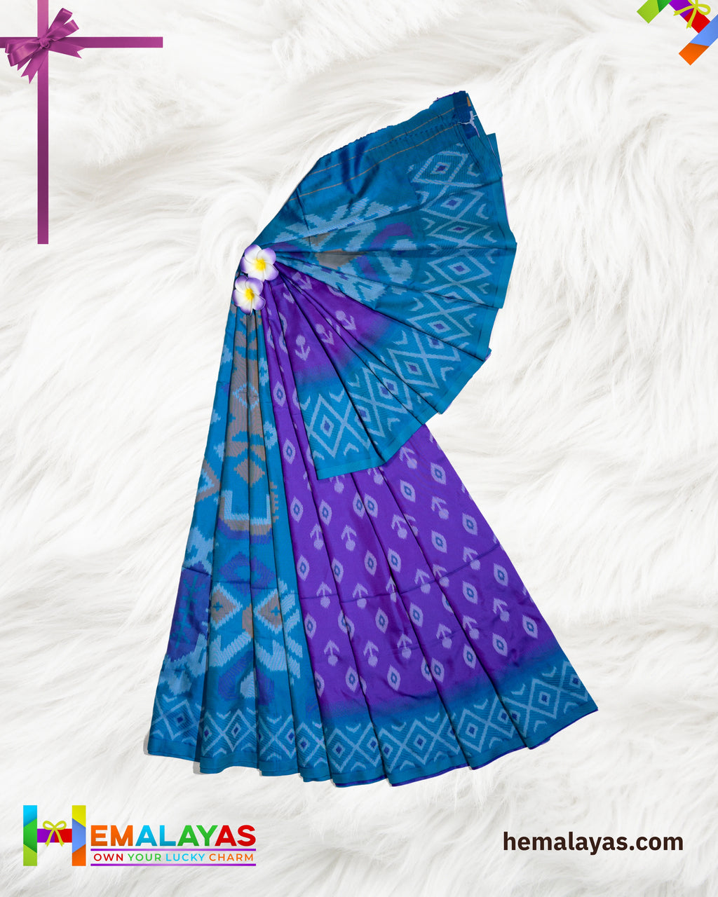 Purple Ikat Pochampally Silk Saree with Teal Woven Border