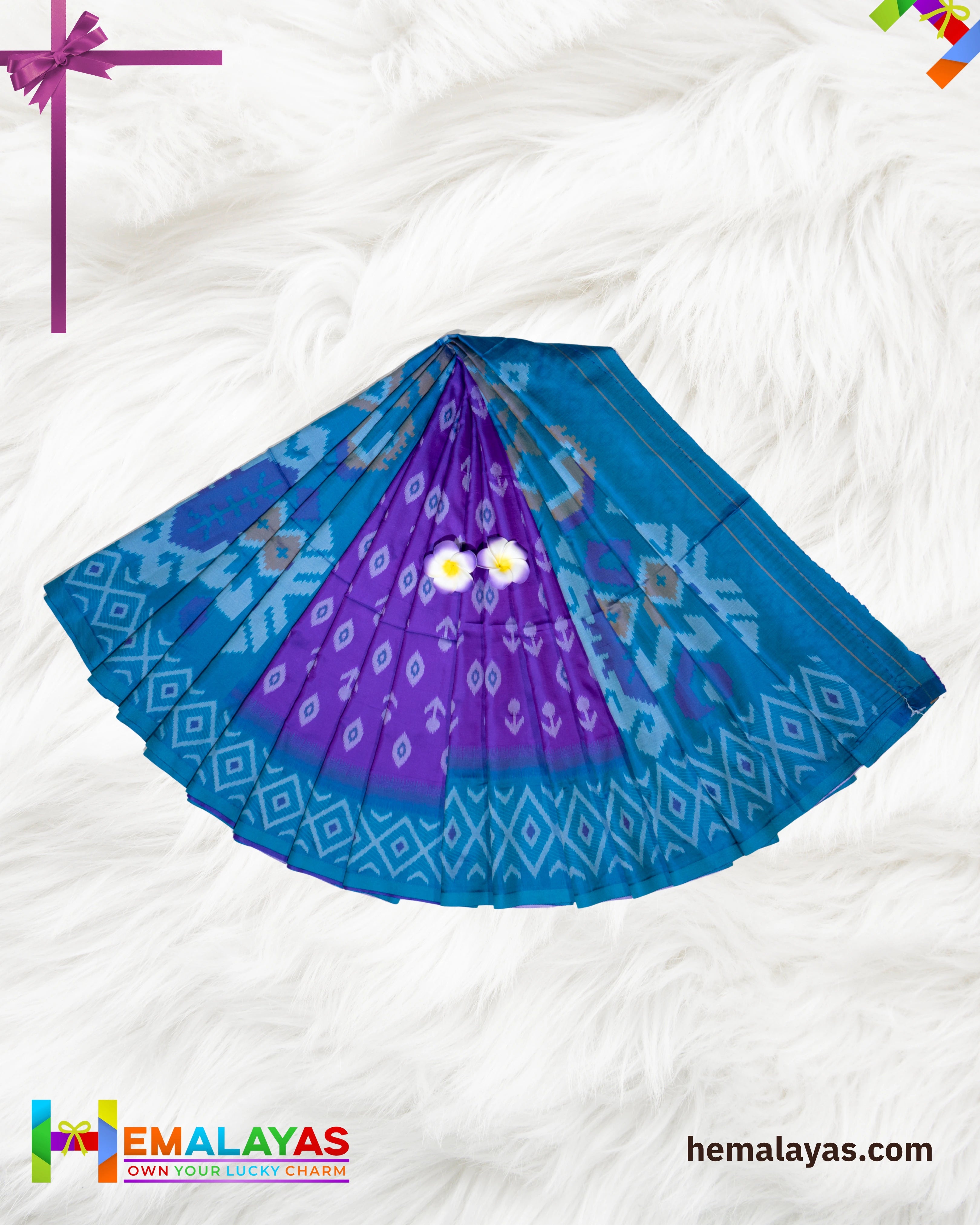 Purple Ikat Pochampally Silk Saree with Teal Woven Border