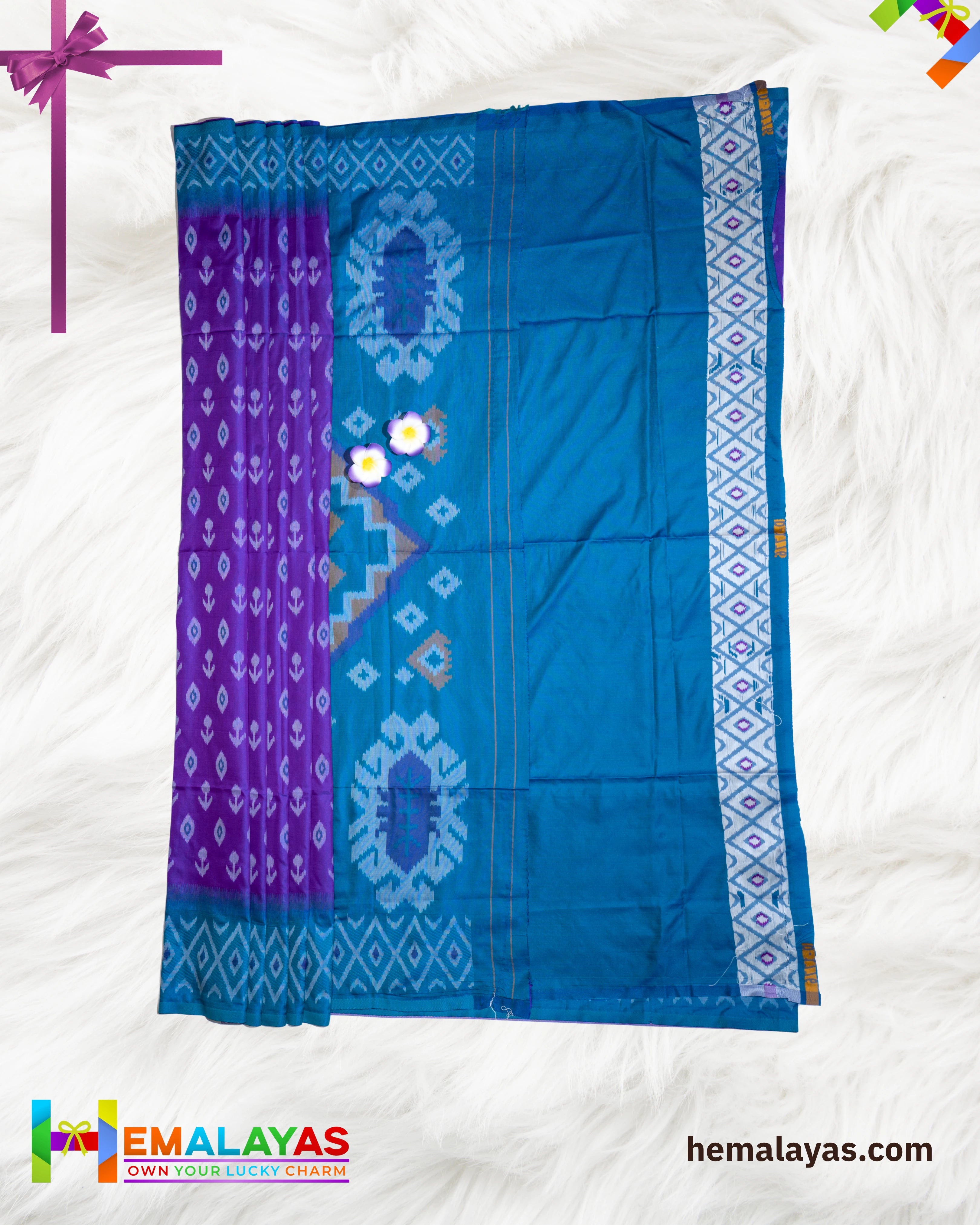 Purple Ikat Pochampally Silk Saree with Teal Woven Border