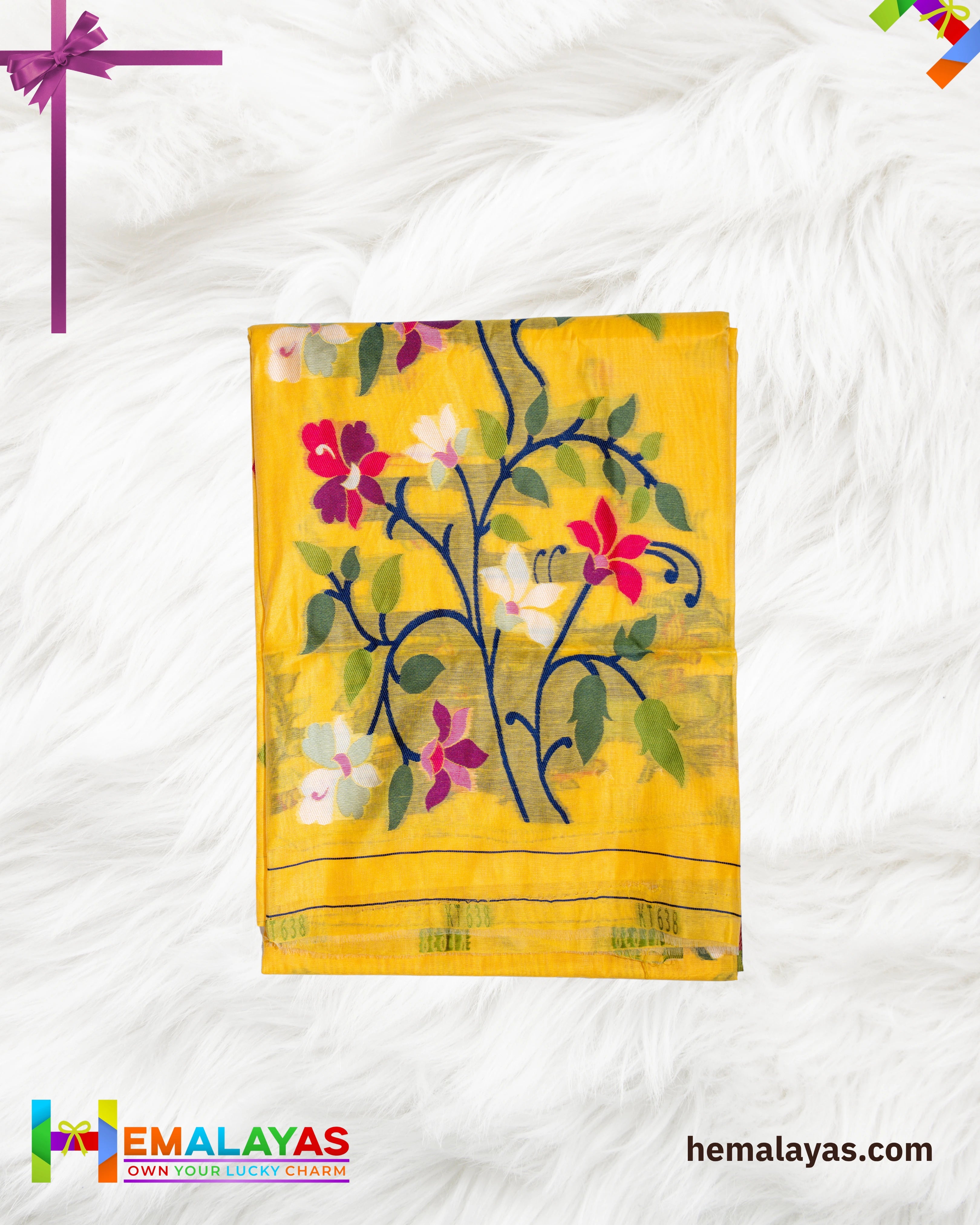 Bright Yellow Handloom Cotton Silk Flower Jamdani Saree