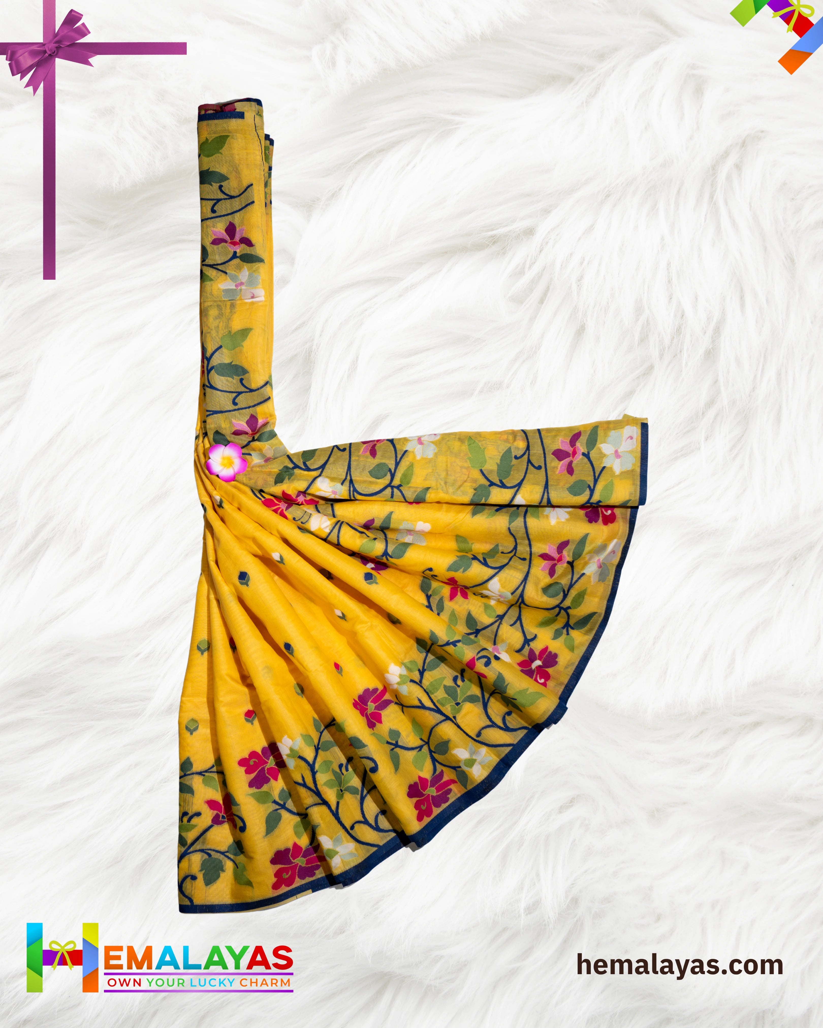 Bright Yellow Handloom Cotton Silk Flower Jamdani Saree