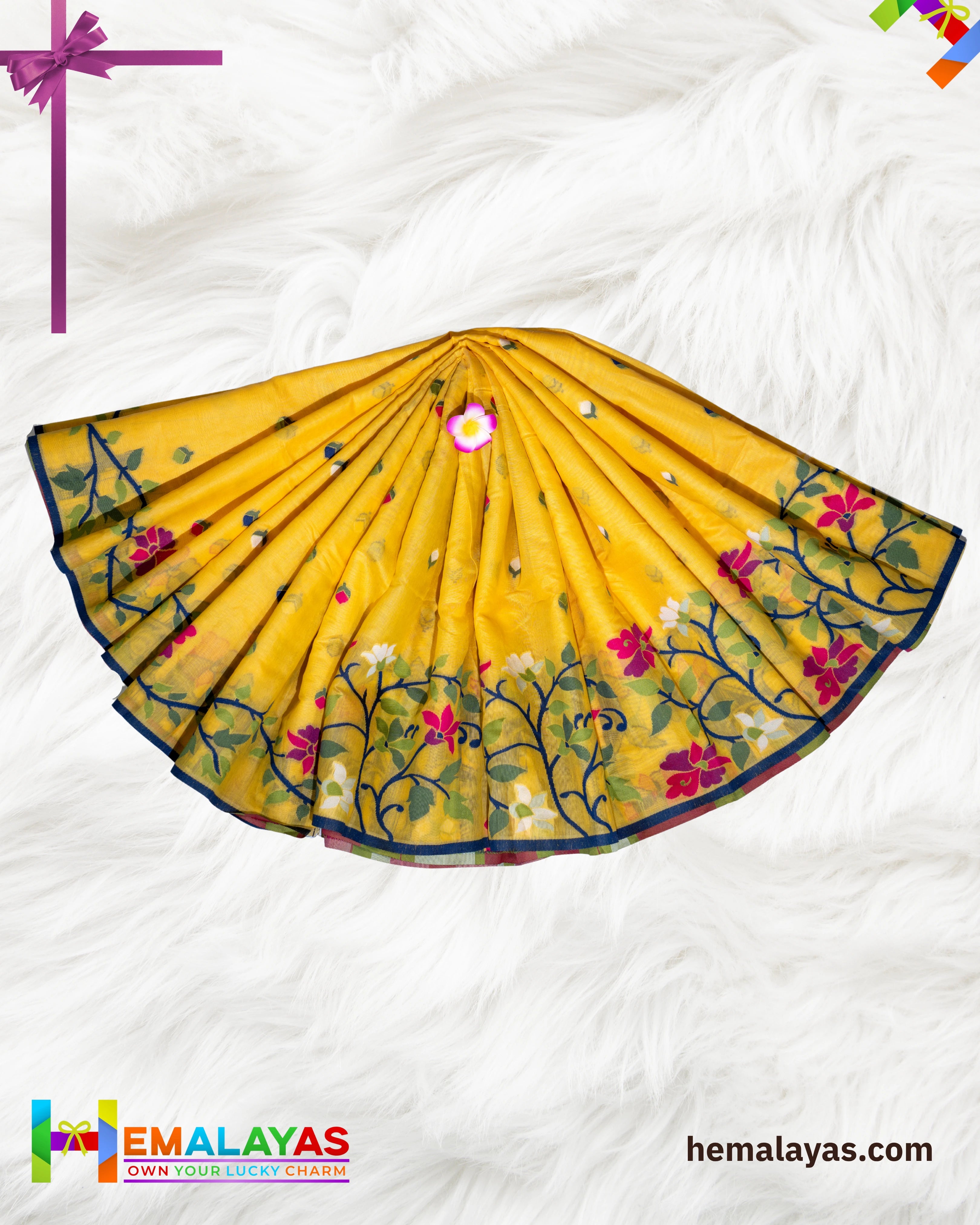 Bright Yellow Handloom Cotton Silk Flower Jamdani Saree