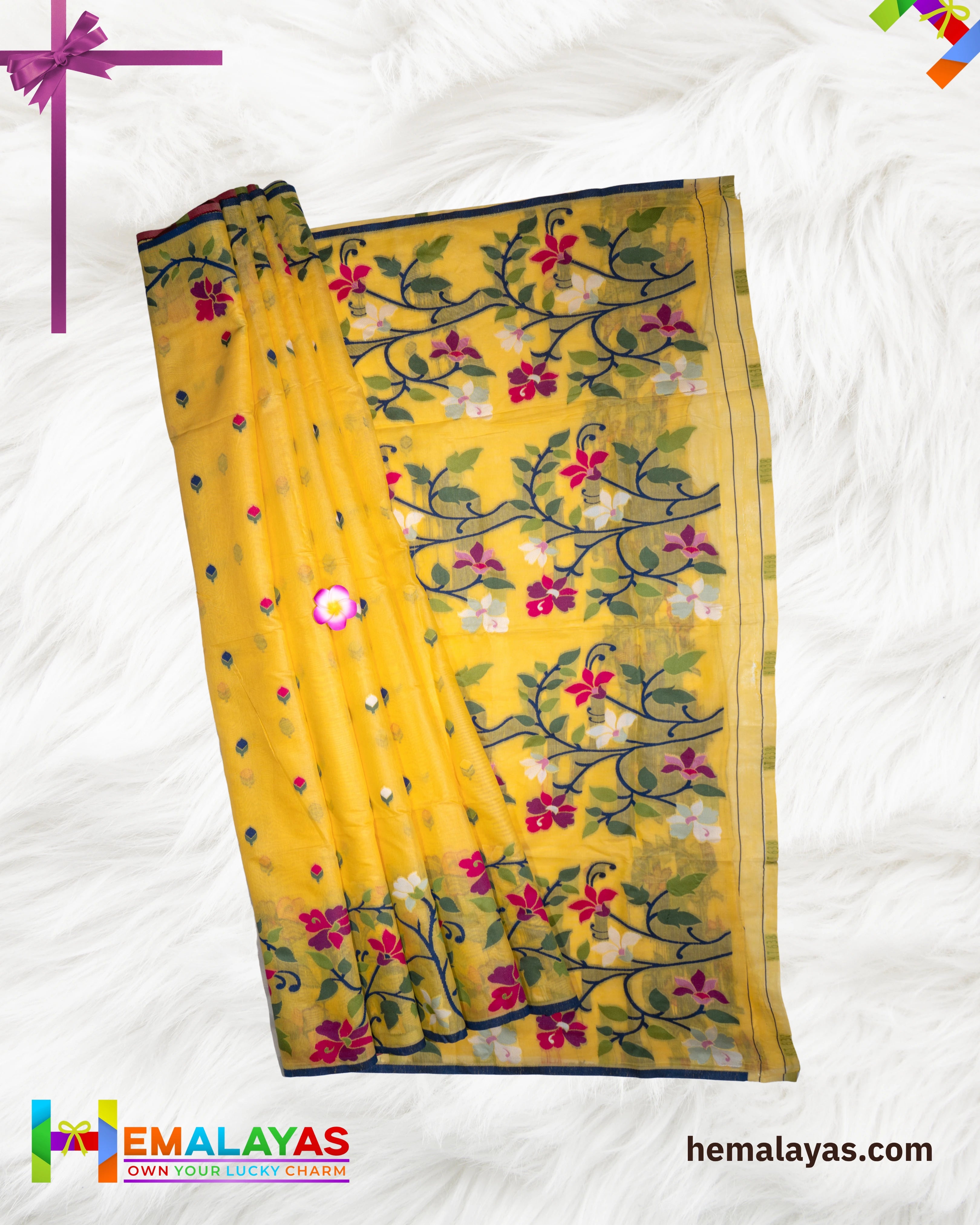 Bright Yellow Handloom Cotton Silk Flower Jamdani Saree