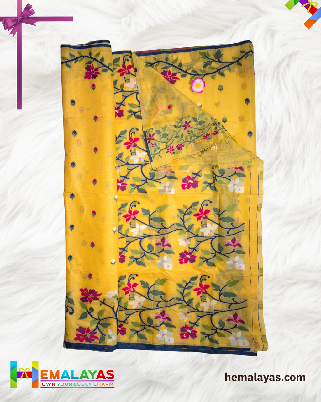 Bright Yellow Handloom Cotton Silk Flower Jamdani Saree