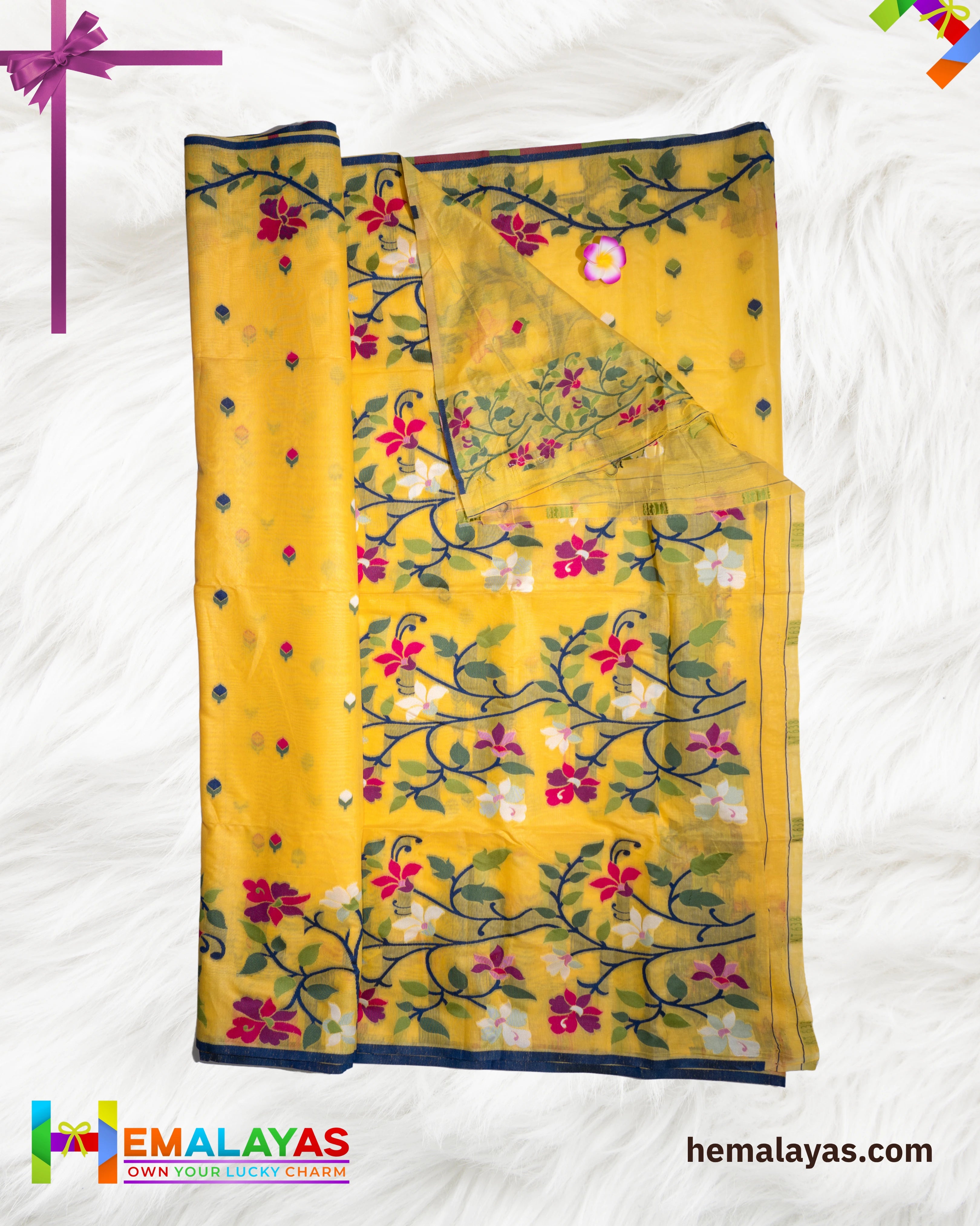 Bright Yellow Handloom Cotton Silk Flower Jamdani Saree