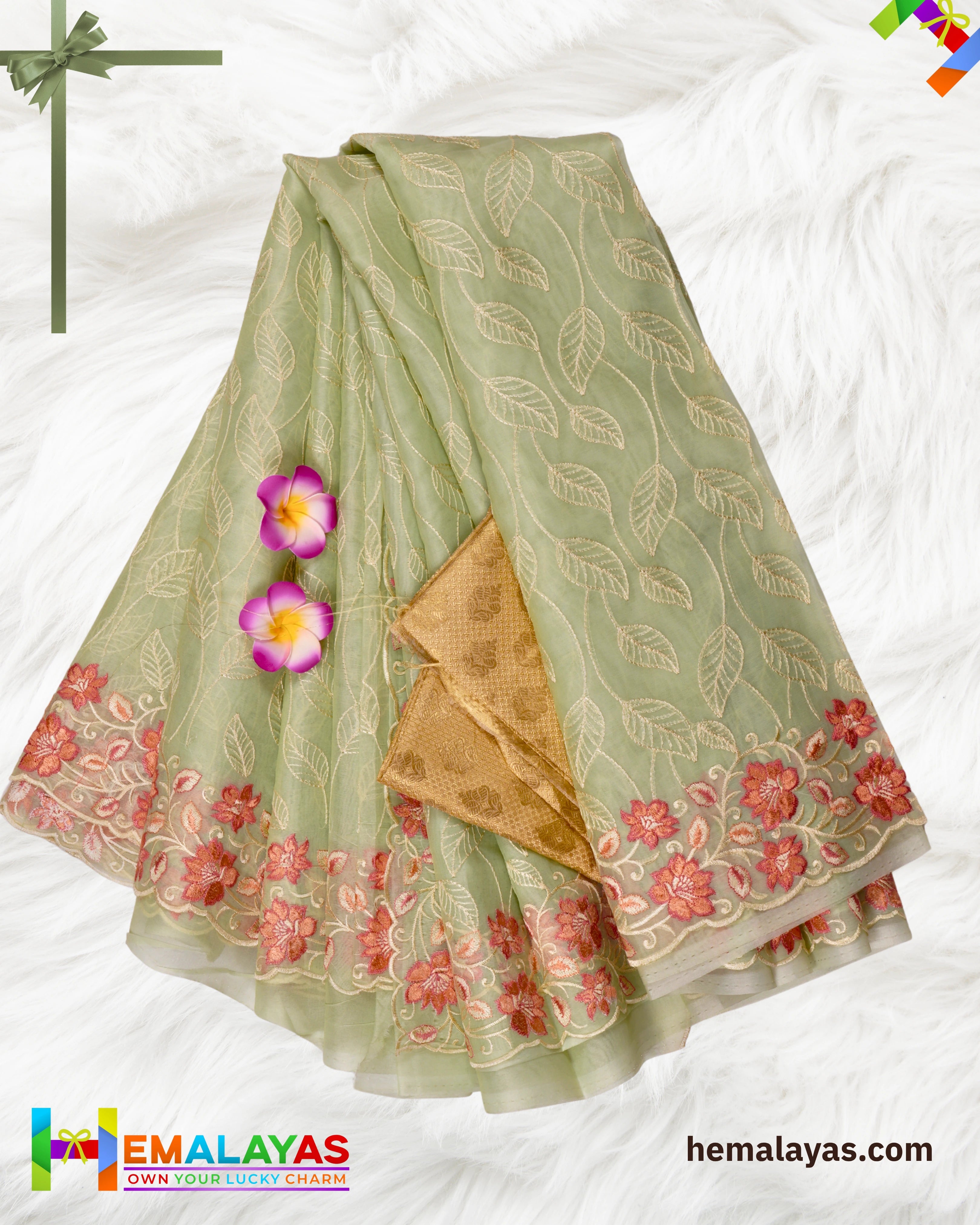 Pastel Green Banaras Kora Organza Embroidery Saree