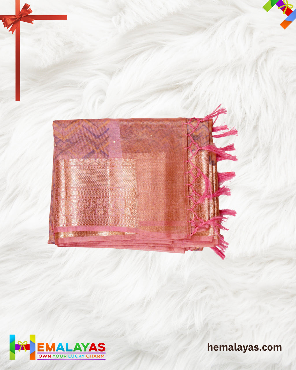 Copper Pink Banarasi Tissue Saree with Digital Print & Mirror Work