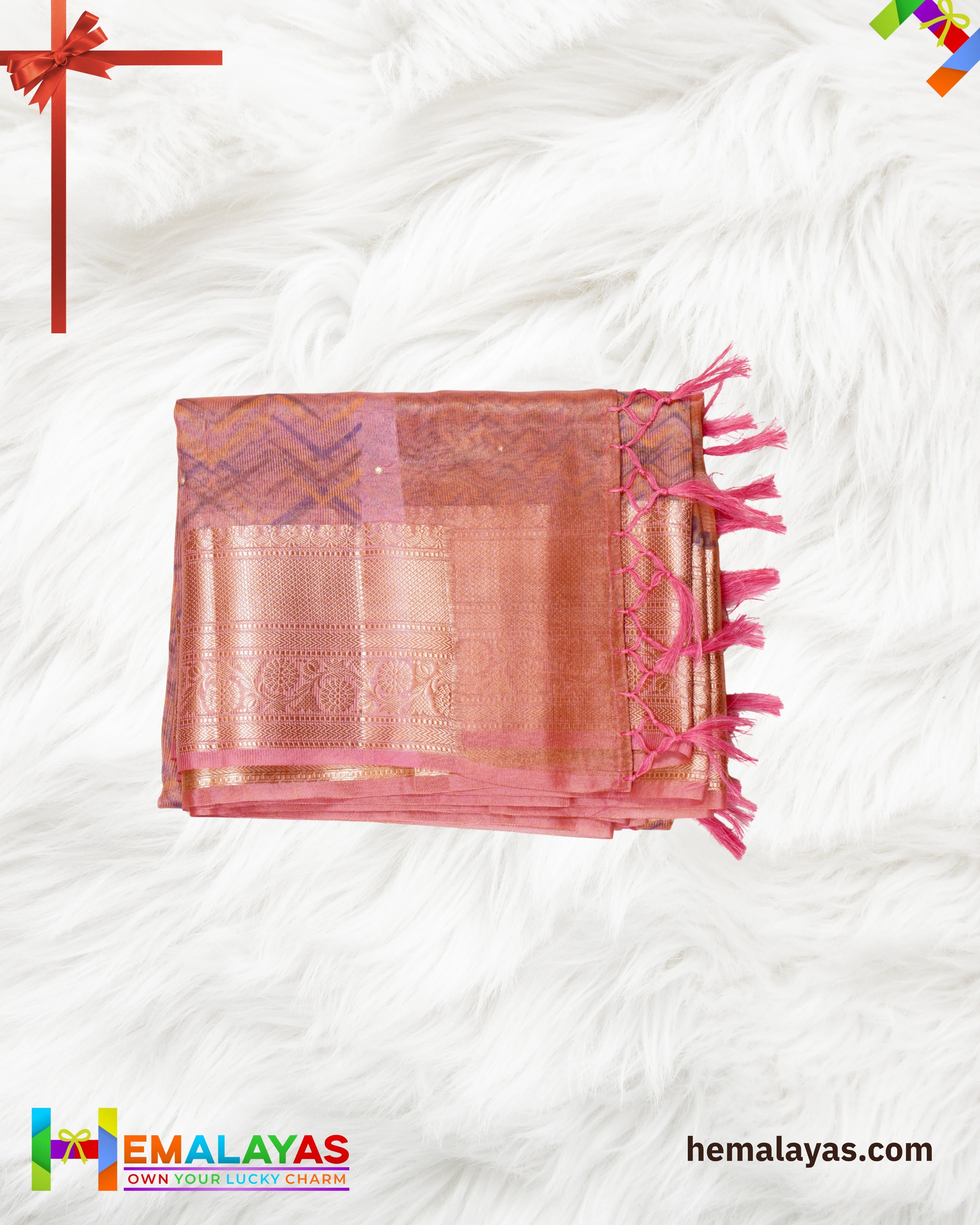 Copper Pink Banarasi Tissue Saree with Digital Print & Mirror Work