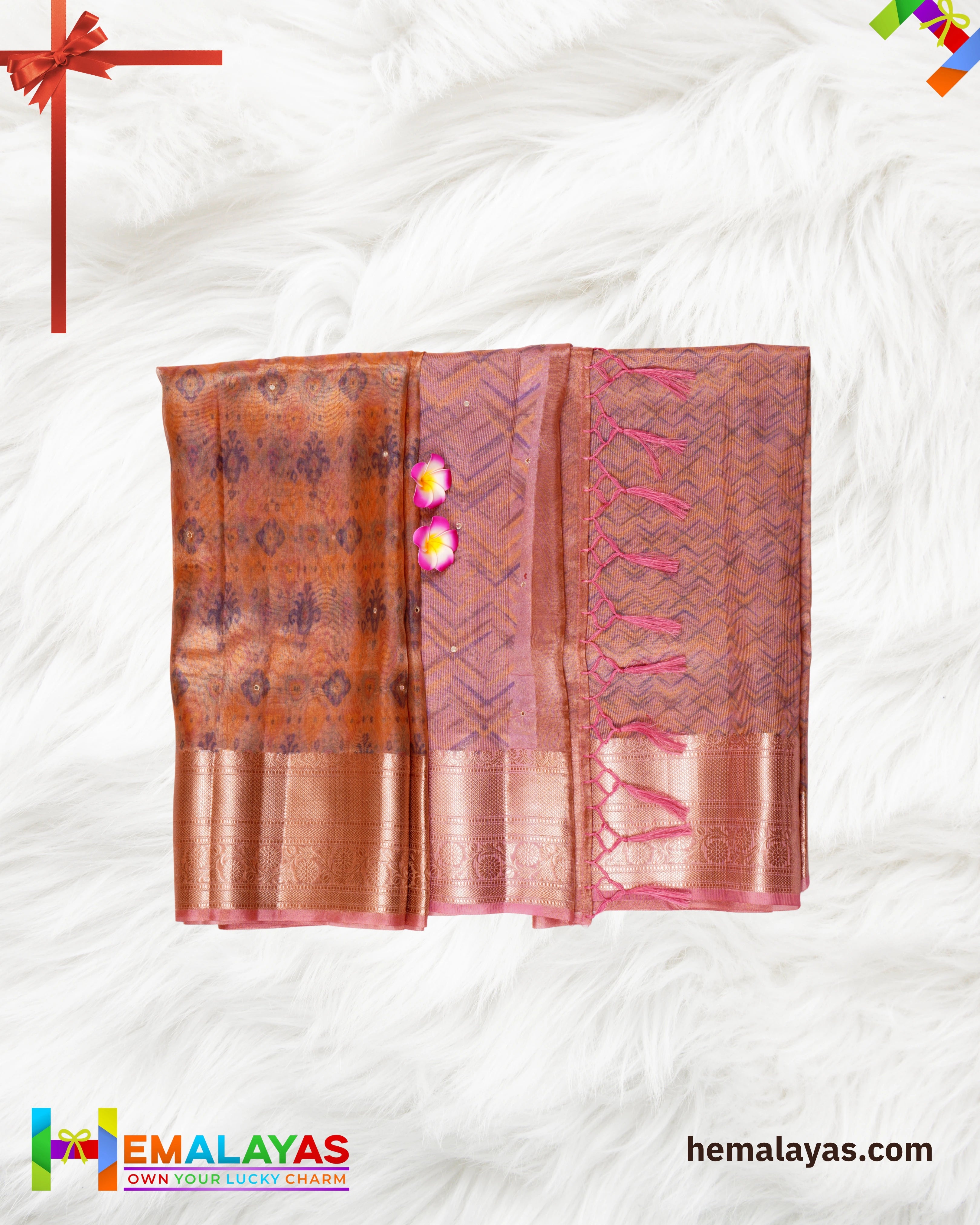 Copper Pink Banarasi Tissue Saree with Digital Print & Mirror Work