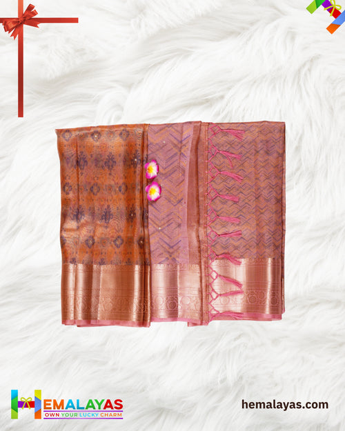 Copper Pink Banarasi Tissue Saree with Digital Print & Mirror Work