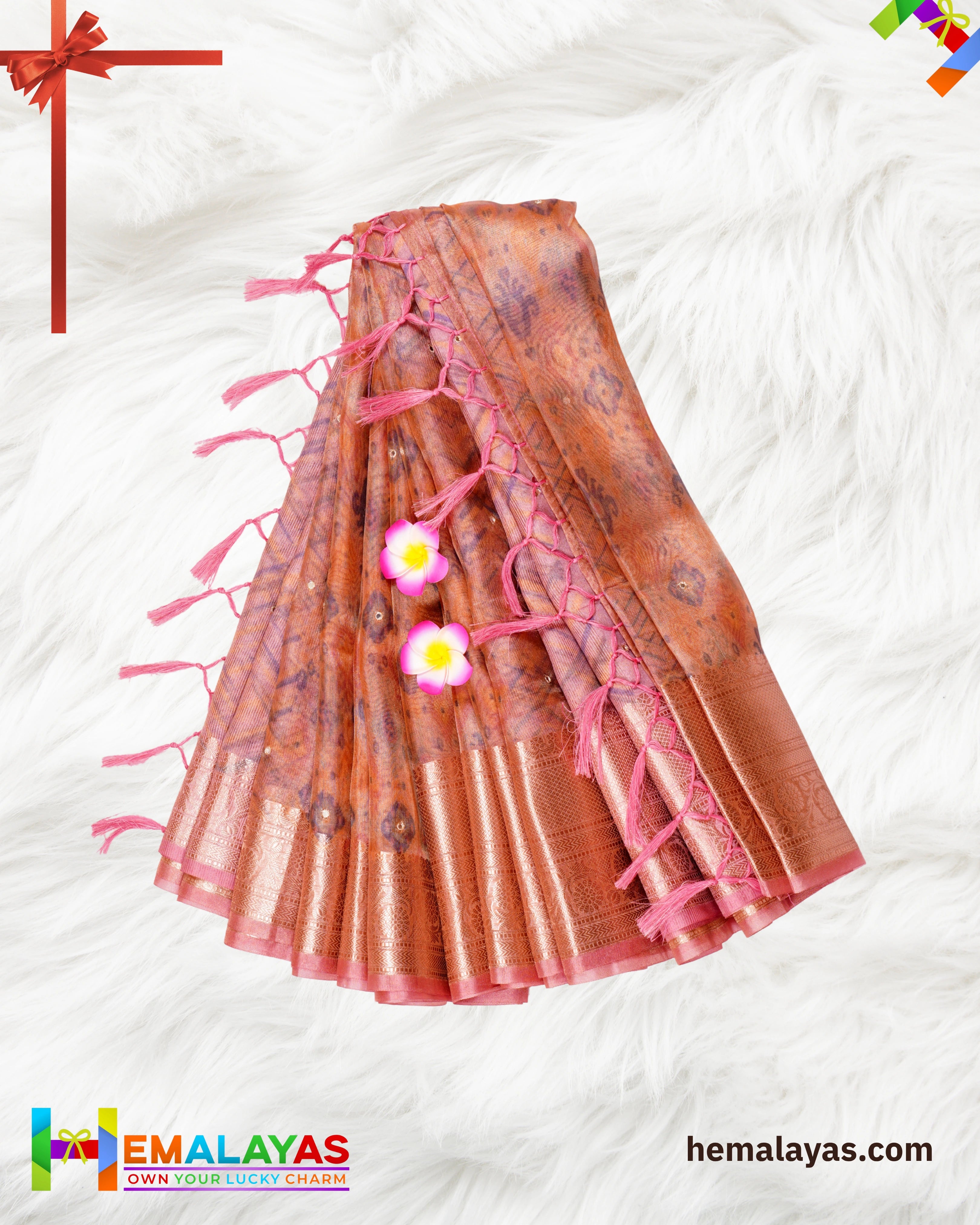 Copper Pink Banarasi Tissue Saree with Digital Print & Mirror Work