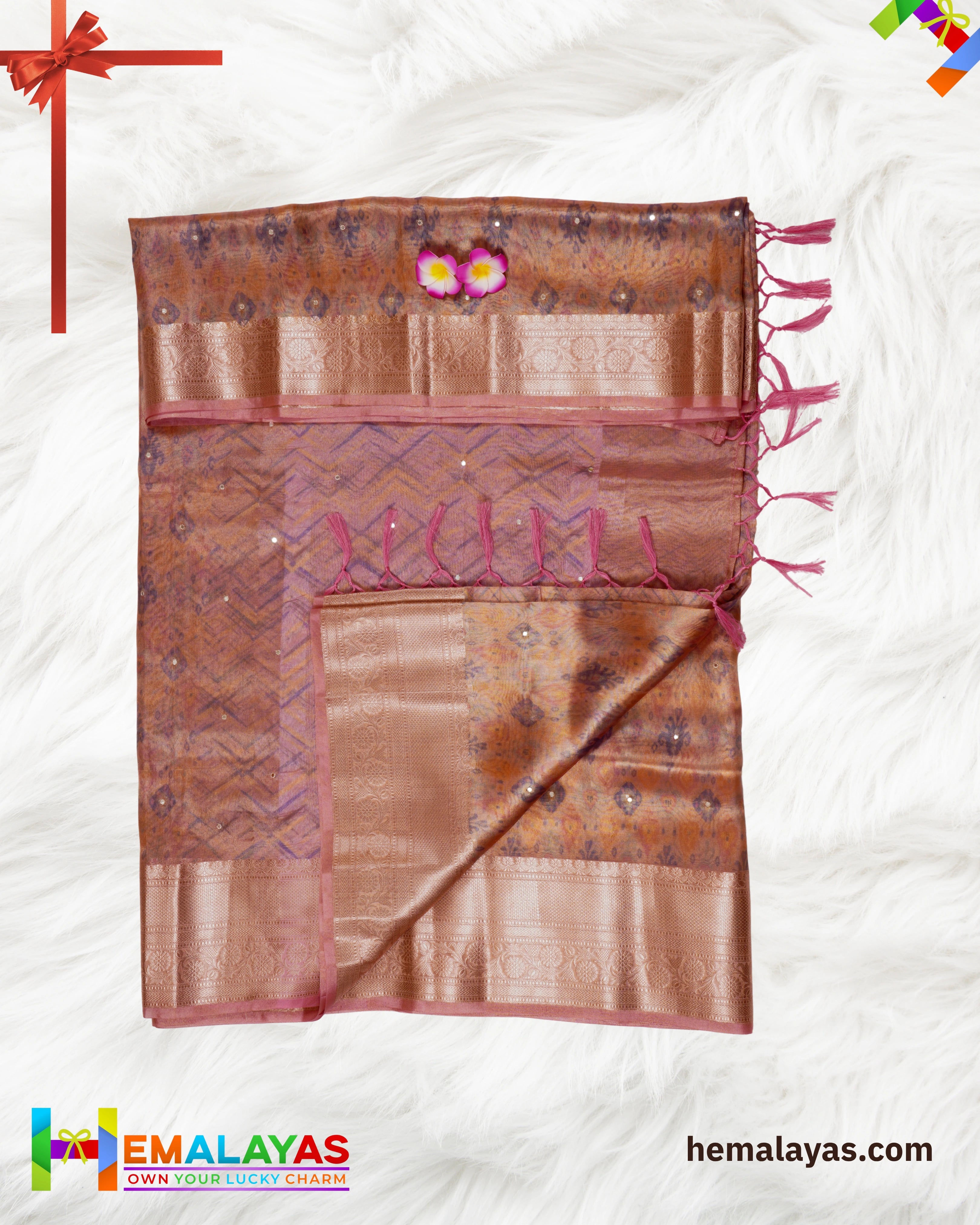 Copper Pink Banarasi Tissue Saree with Digital Print & Mirror Work