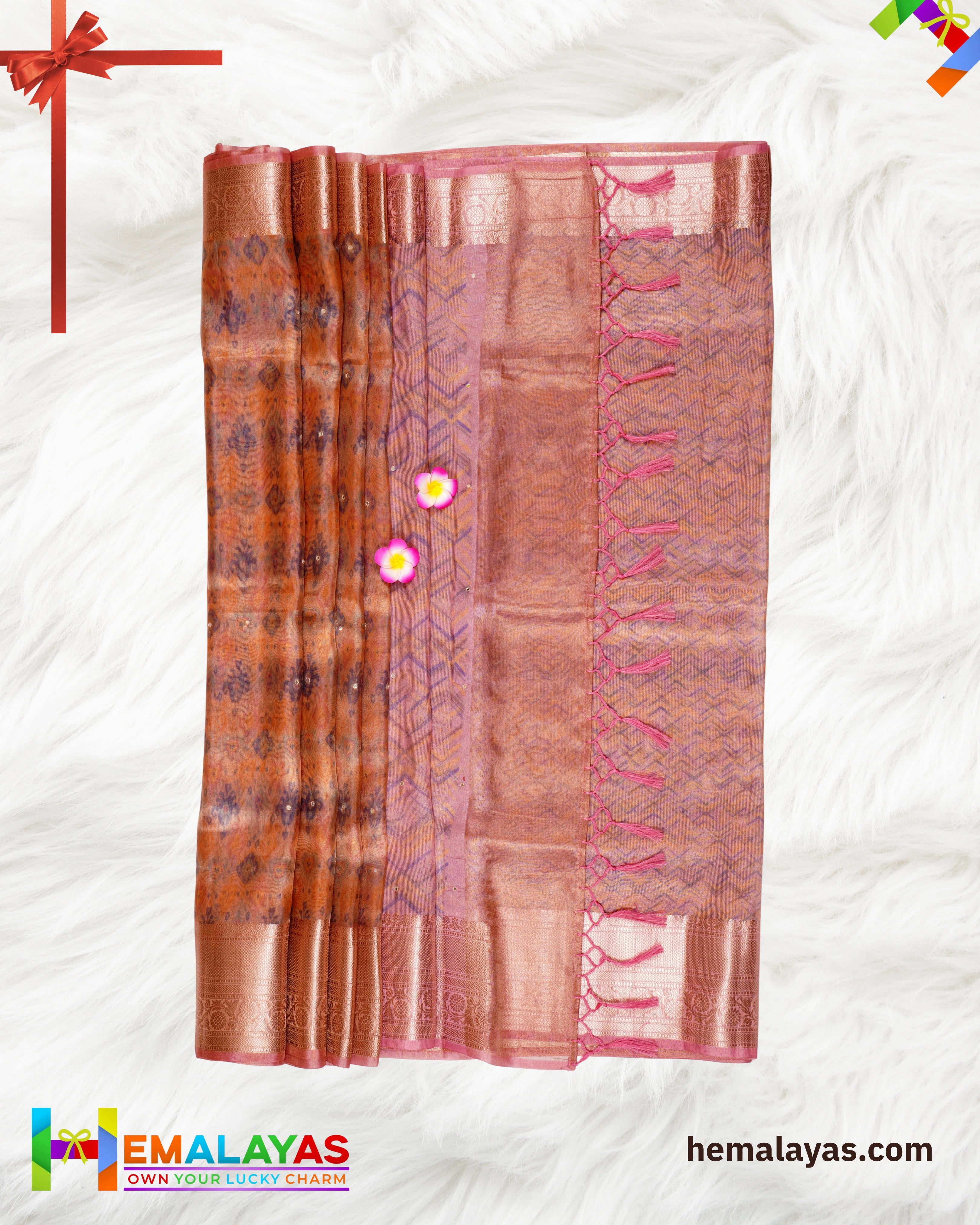Copper Pink Banarasi Tissue Saree with Digital Print & Mirror Work