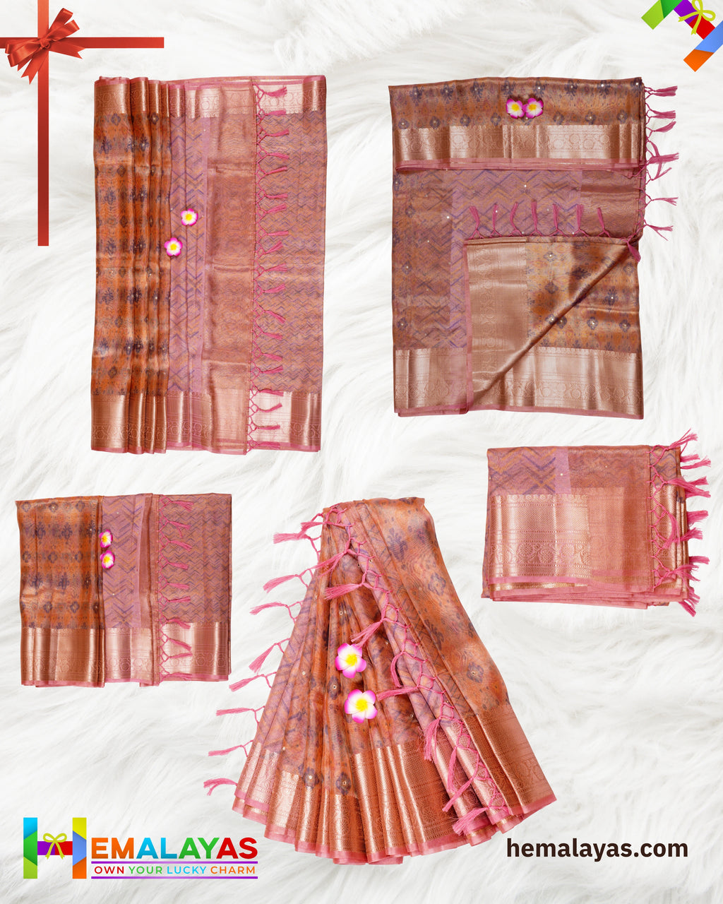 Copper Pink Banarasi Tissue Saree with Digital Print & Mirror Work