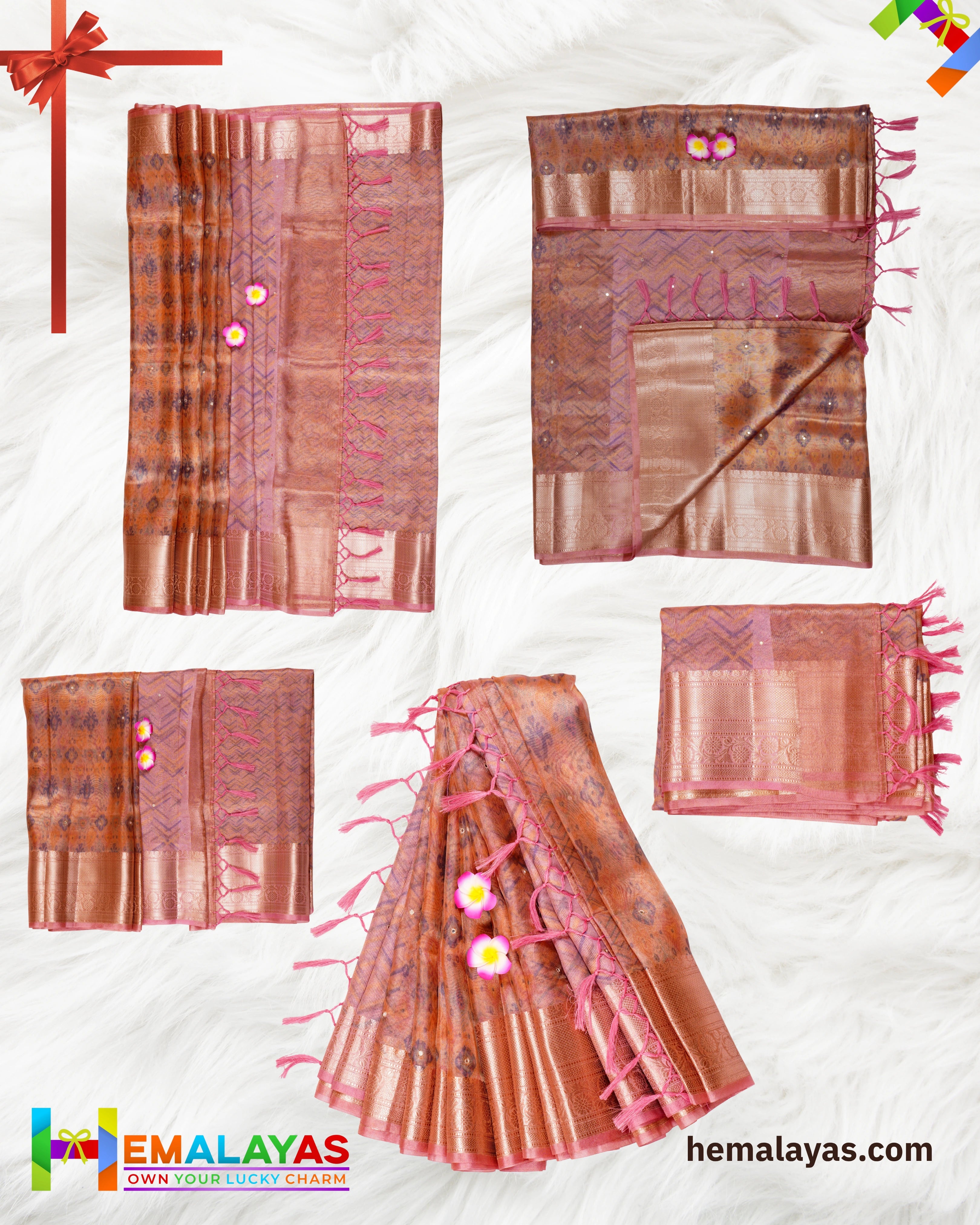Copper Pink Banarasi Tissue Saree with Digital Print & Mirror Work