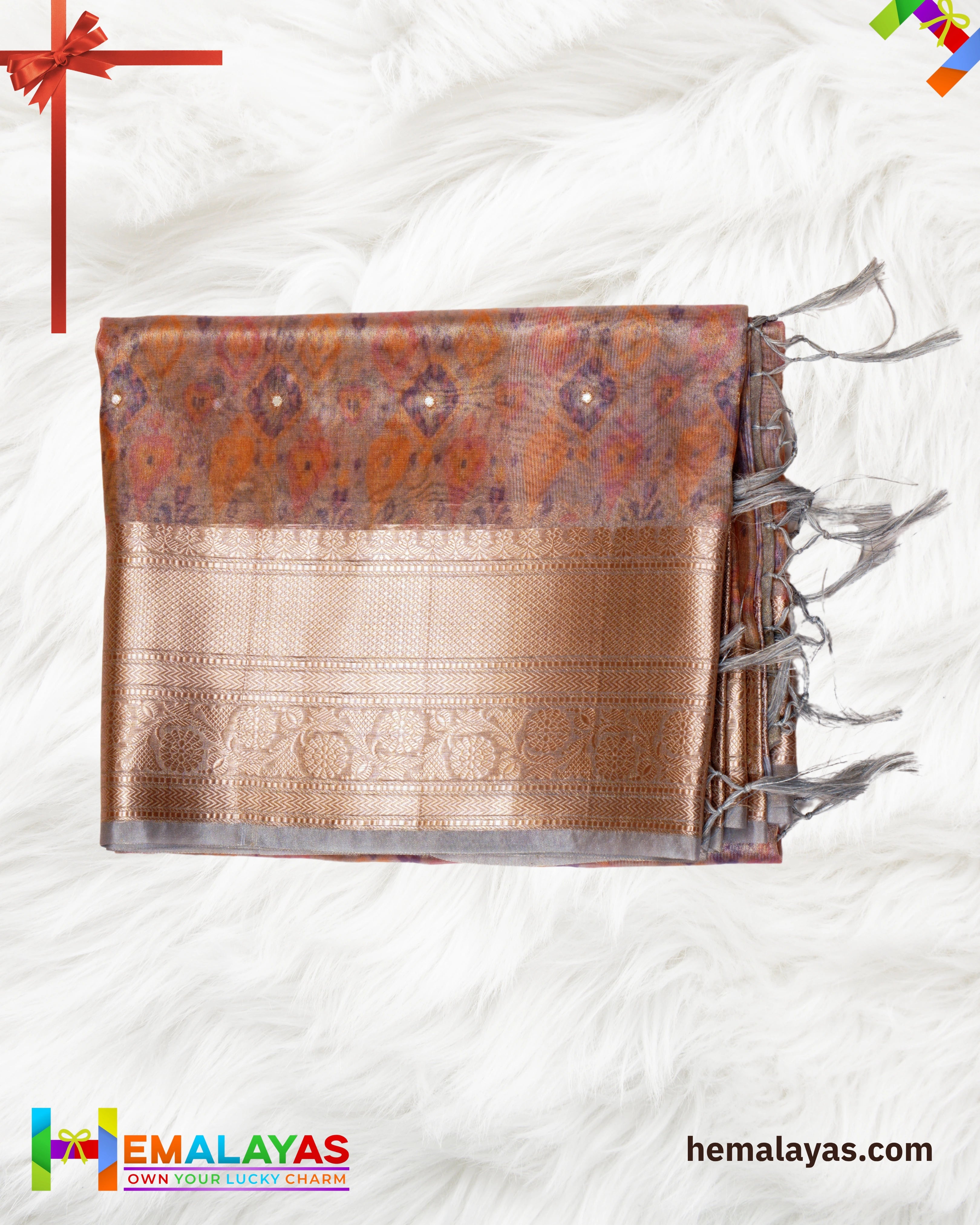 Copper Brown Banarasi Tissue Saree with Digital Print & Mirror Work