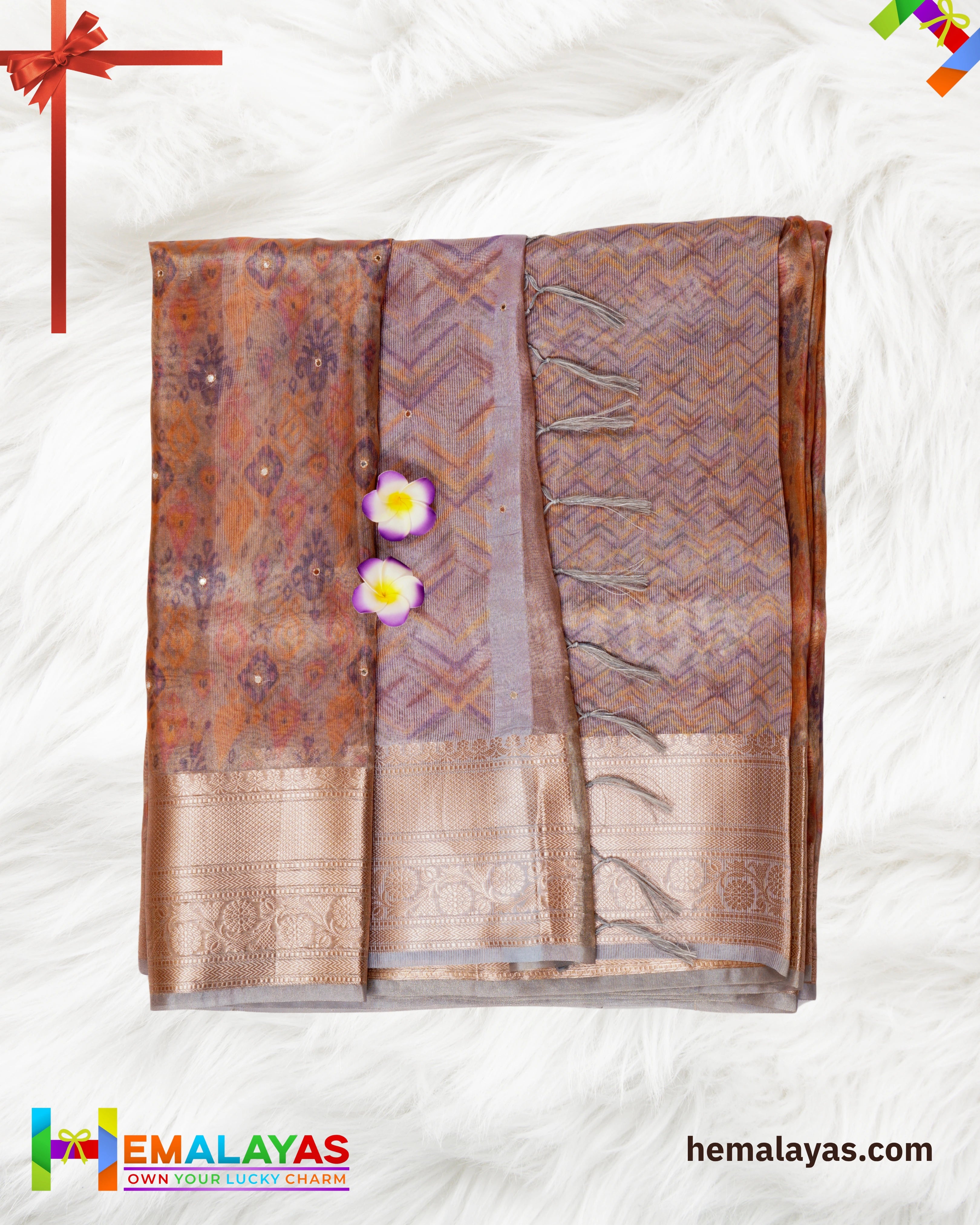 Copper Brown Banarasi Tissue Saree with Digital Print & Mirror Work