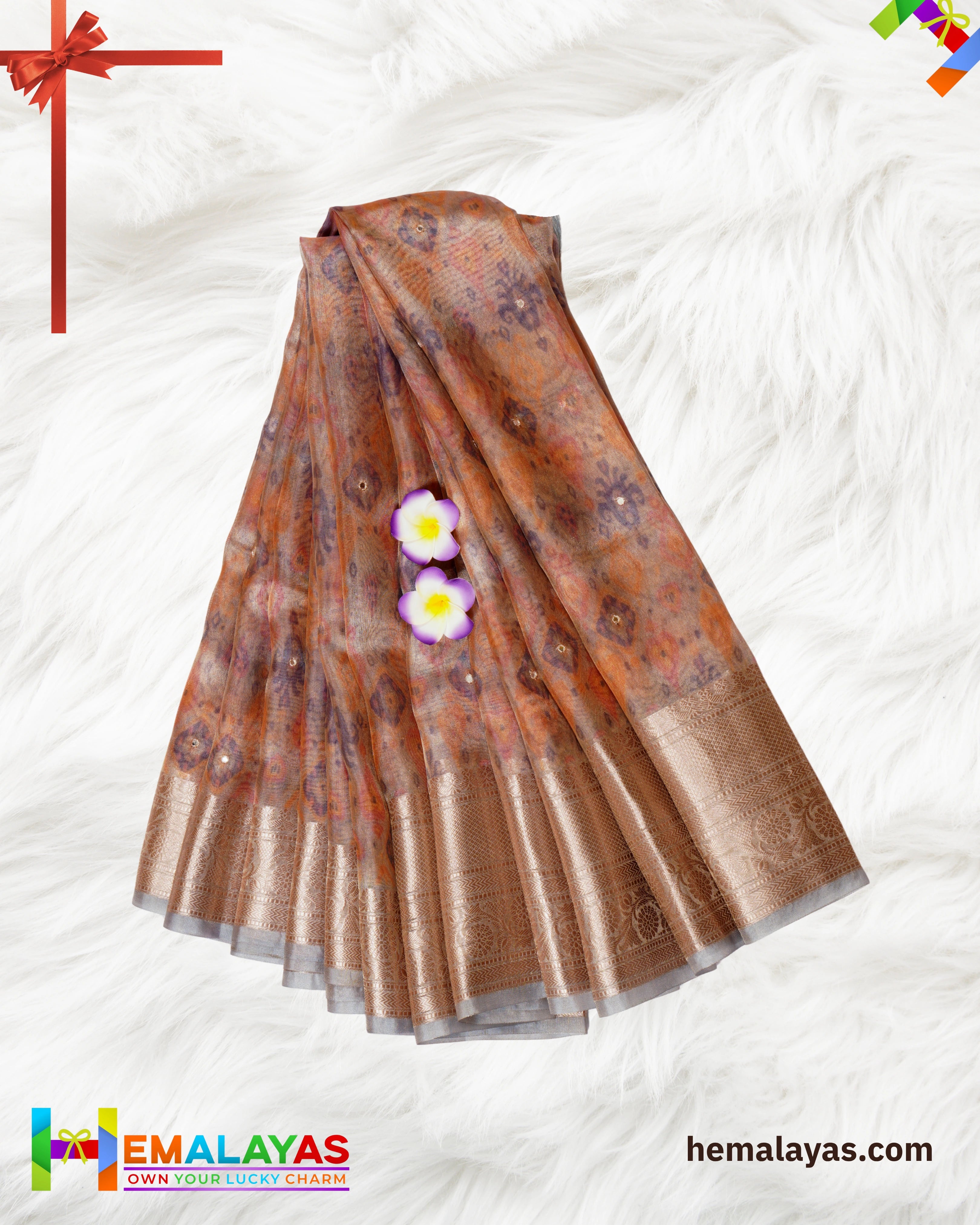 Copper Brown Banarasi Tissue Saree with Digital Print & Mirror Work