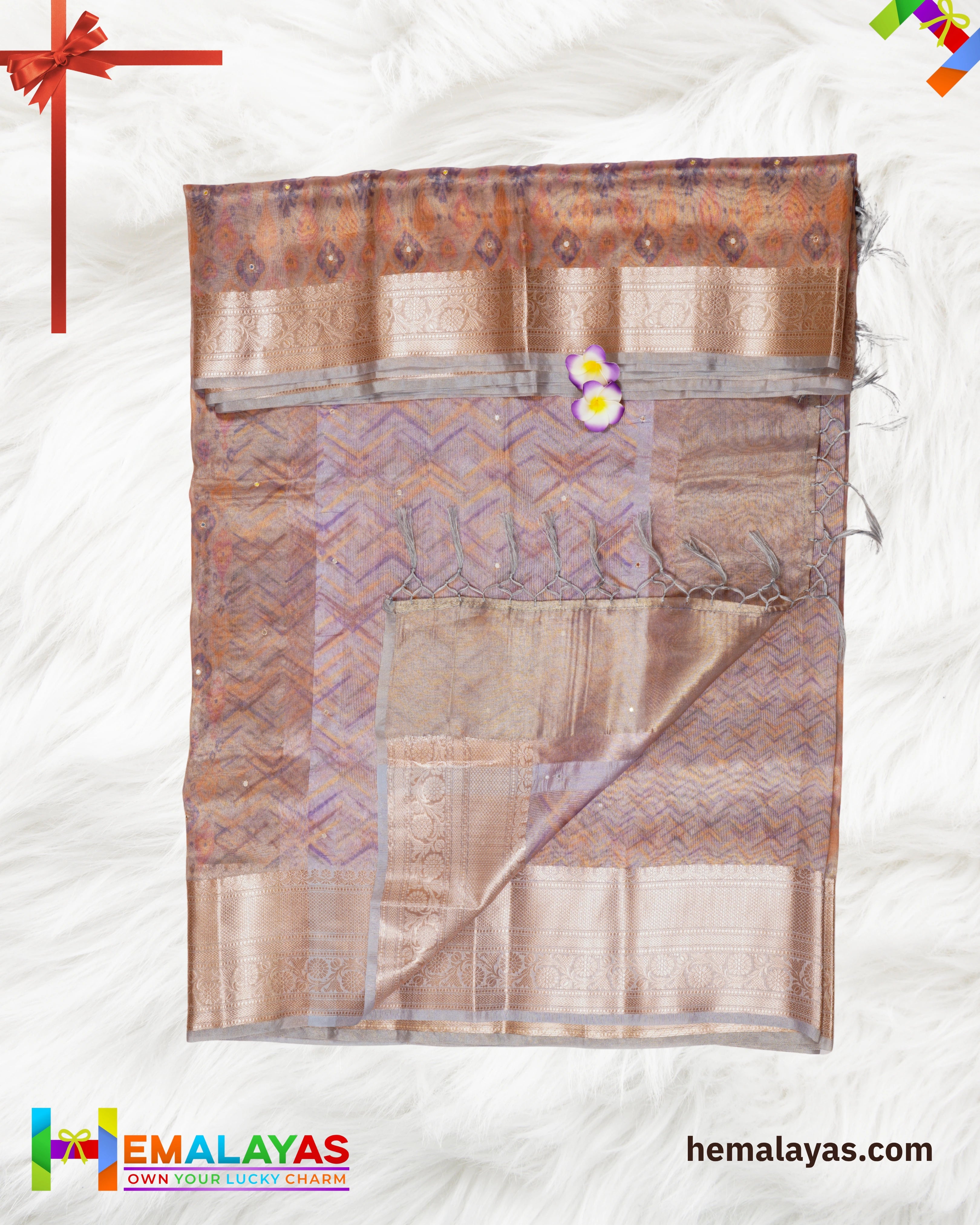 Copper Brown Banarasi Tissue Saree with Digital Print & Mirror Work