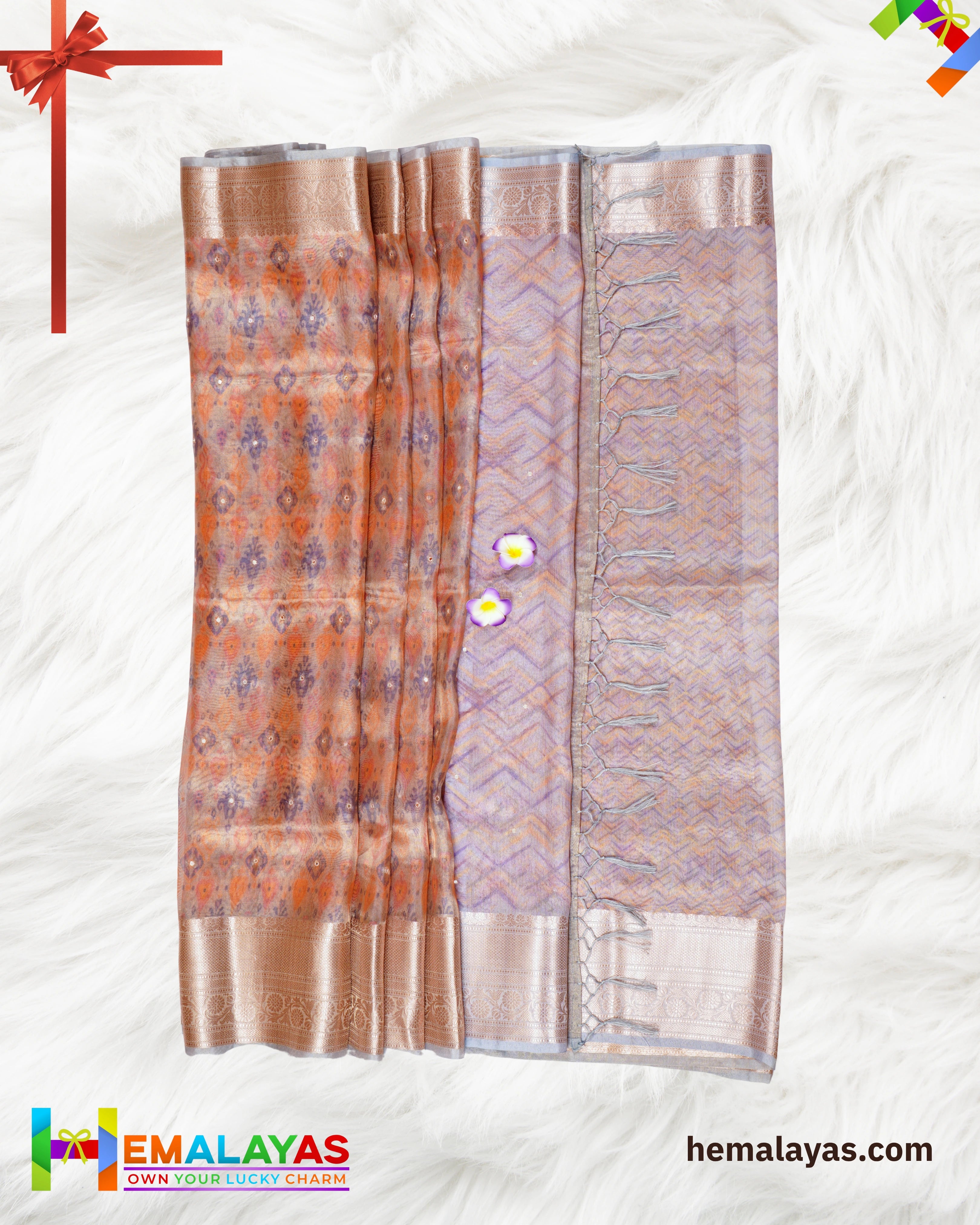 Copper Brown Banarasi Tissue Saree with Digital Print & Mirror Work
