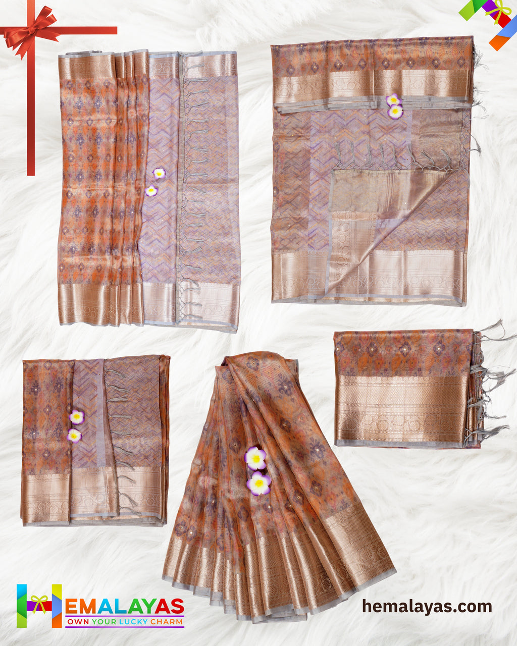 Copper Brown Banarasi Tissue Saree with Digital Print & Mirror Work
