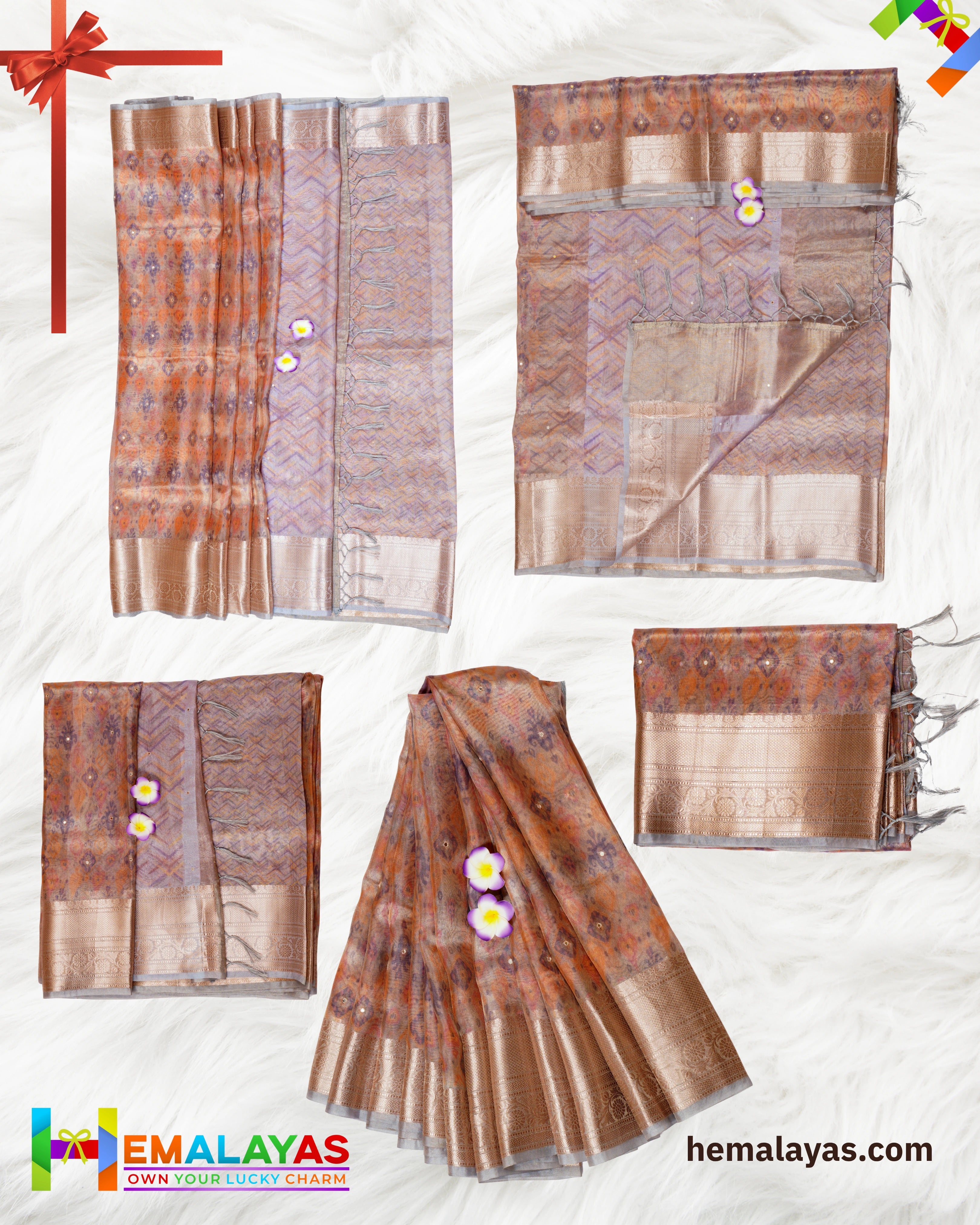 Copper Brown Banarasi Tissue Saree with Digital Print & Mirror Work