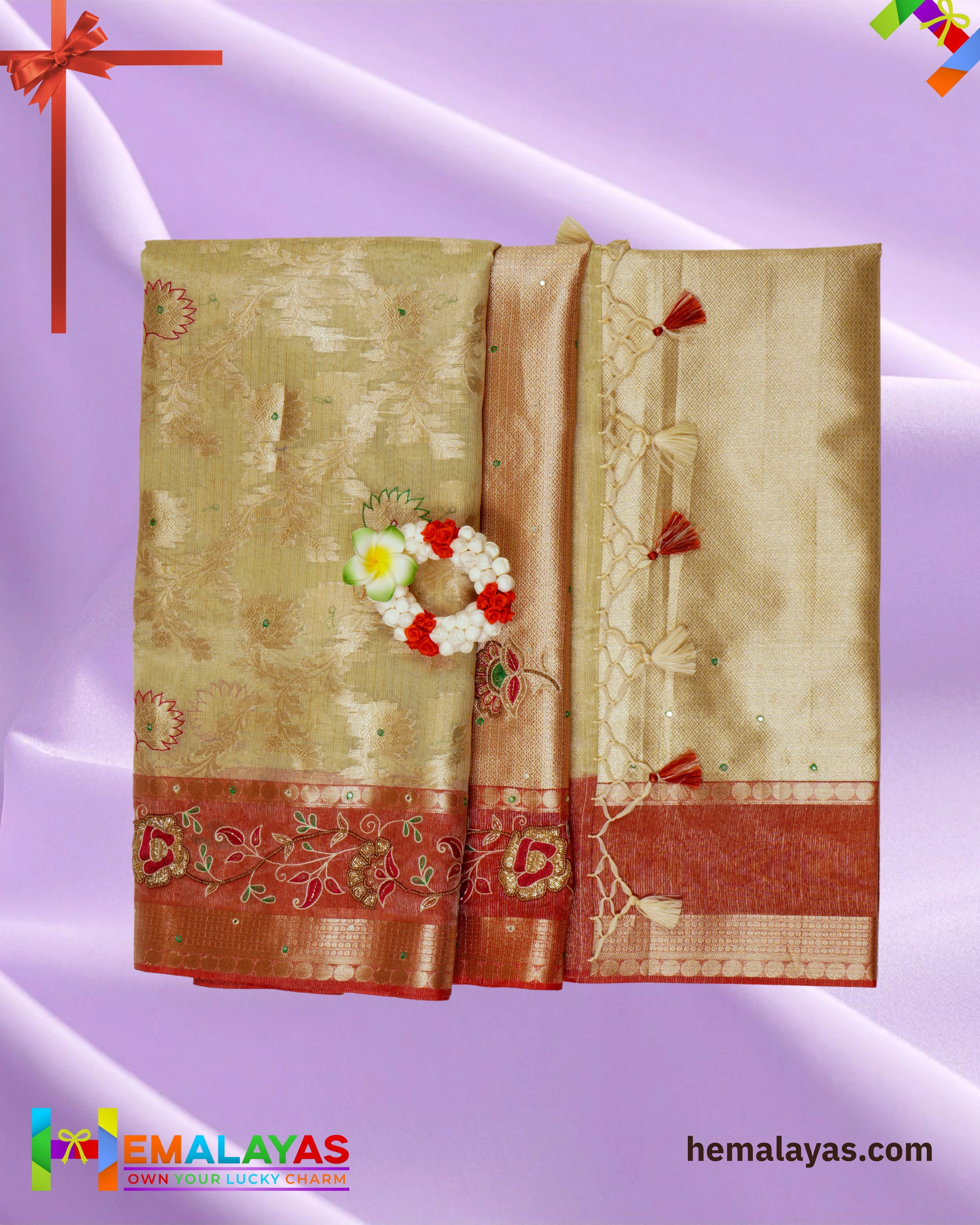 Ivory Gold & Dusty Rose Embroidered Saree – Elegant Festive Grace